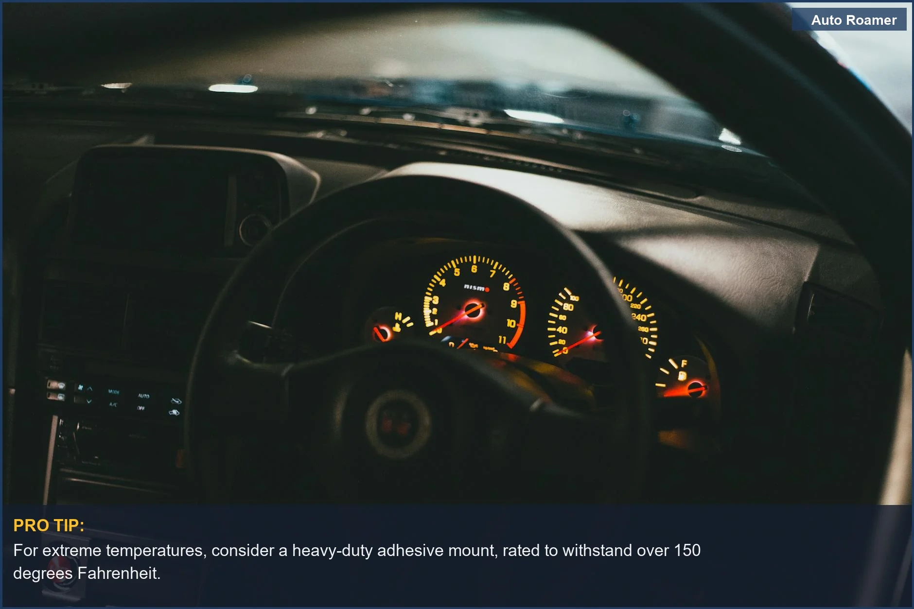 Nighttime view of a car dashboard with illuminated gauges and steering wheel, perfect for dash cam mount replacement tips.