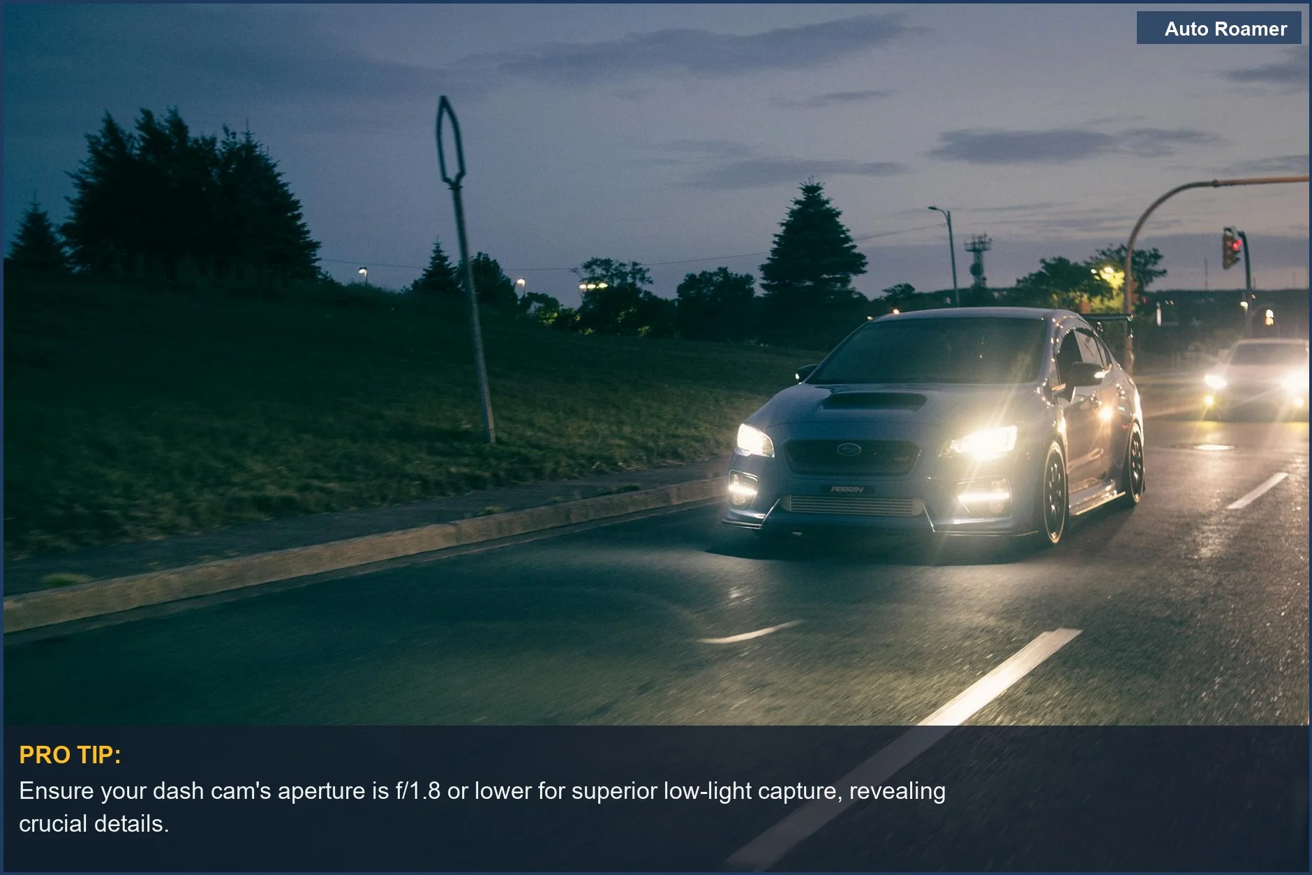 Sleek Subaru WRX driving on a city street at dusk, showcasing dash cam night vision video clarity.