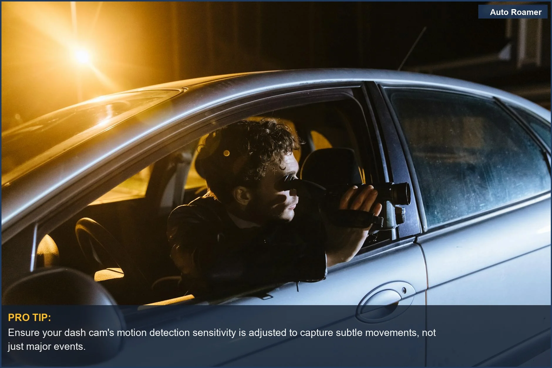 Man inside a car at night using a dash cam for motion detection dash cam parking mode security.