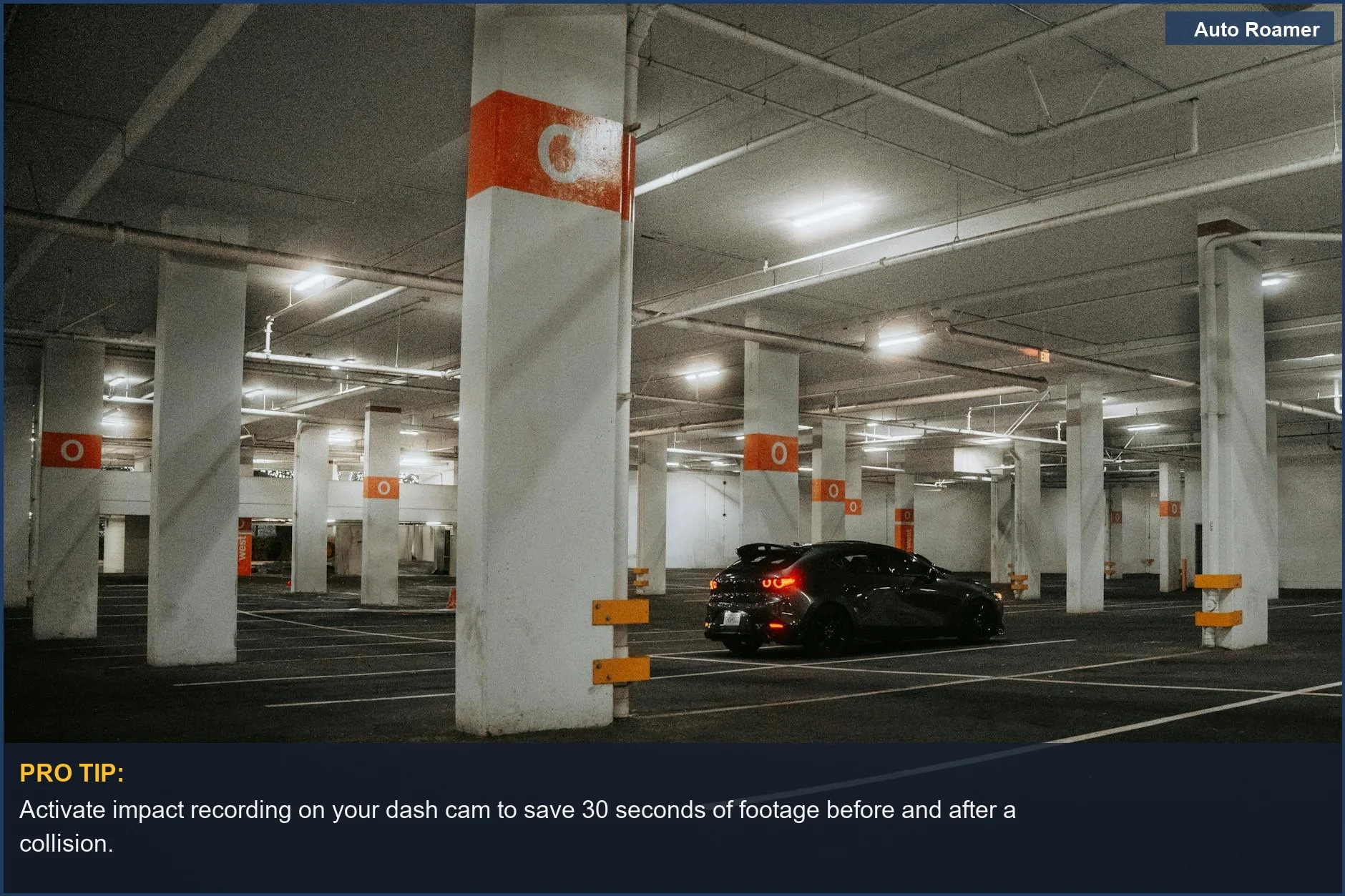 Dimly lit underground parking garage with a single car, ideal for impact recording dash cam.