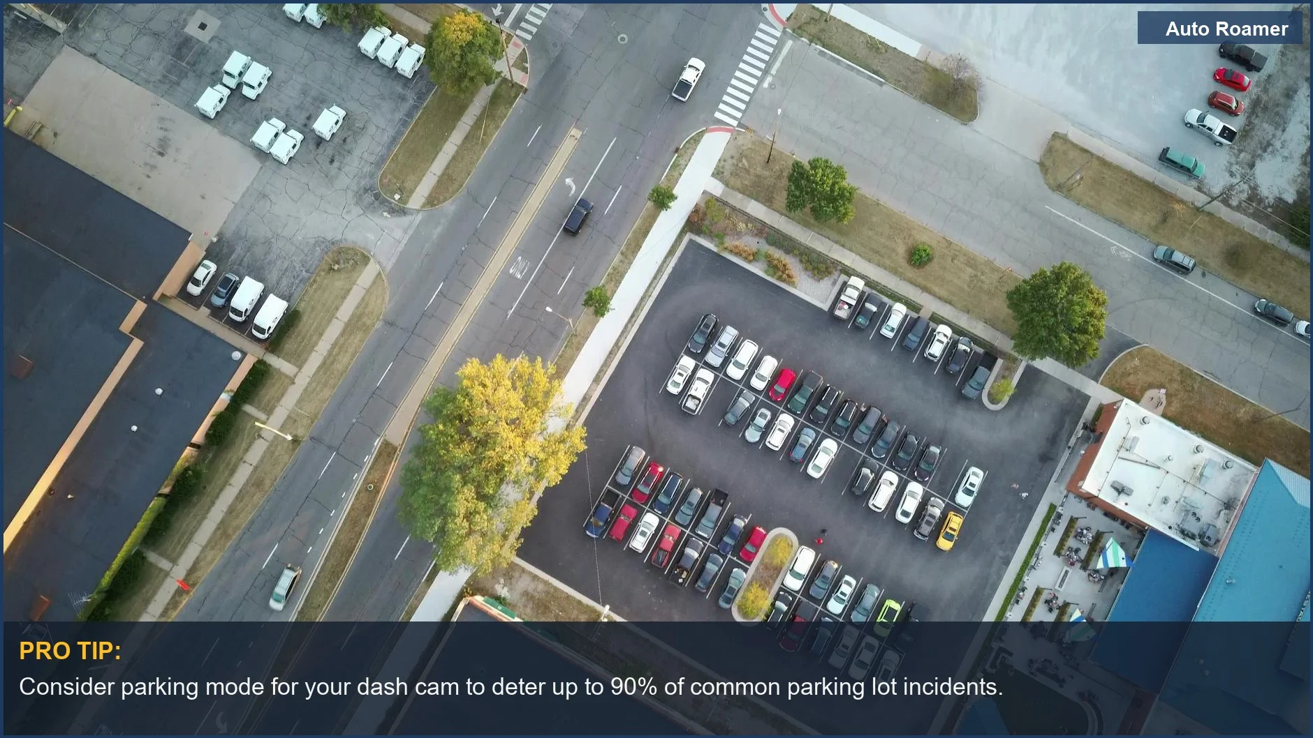 Daytime drone view of an urban parking lot and roads, illustrating potential parking scenarios for a Volkswagen Tiguan.