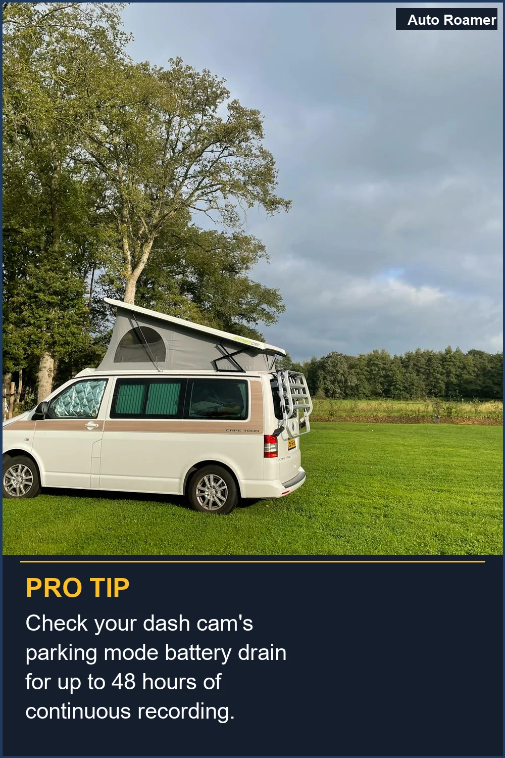 Check your dash cam's parking mode battery drain for up to 48 hours of continuous recording.