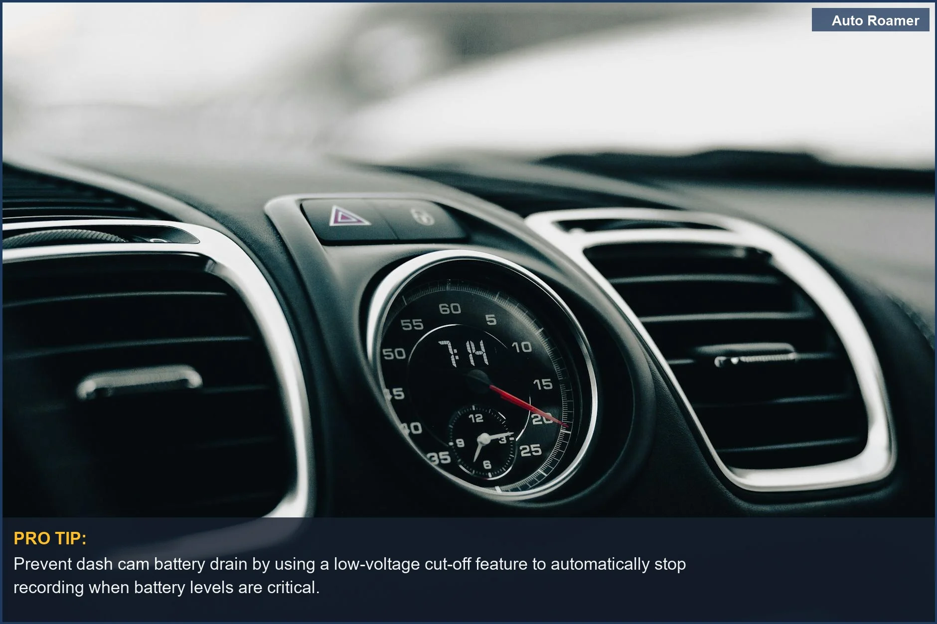 Close-up of a car dashboard with speedometer and ventilation, highlighting potential dash cam battery drain issues.