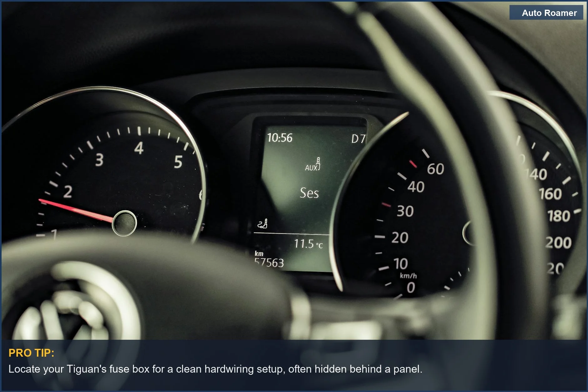Detailed view of a Volkswagen Tiguan dashboard and infotainment system, crucial for dash cam installation.