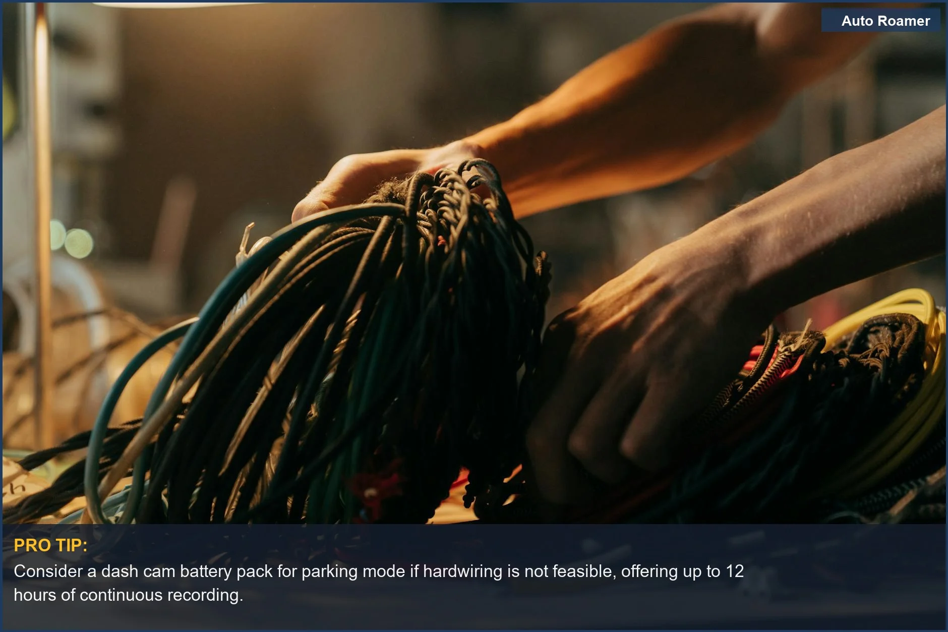 Hands sorting through various colorful electrical wires, illustrating the options for powering devices like dash cams.