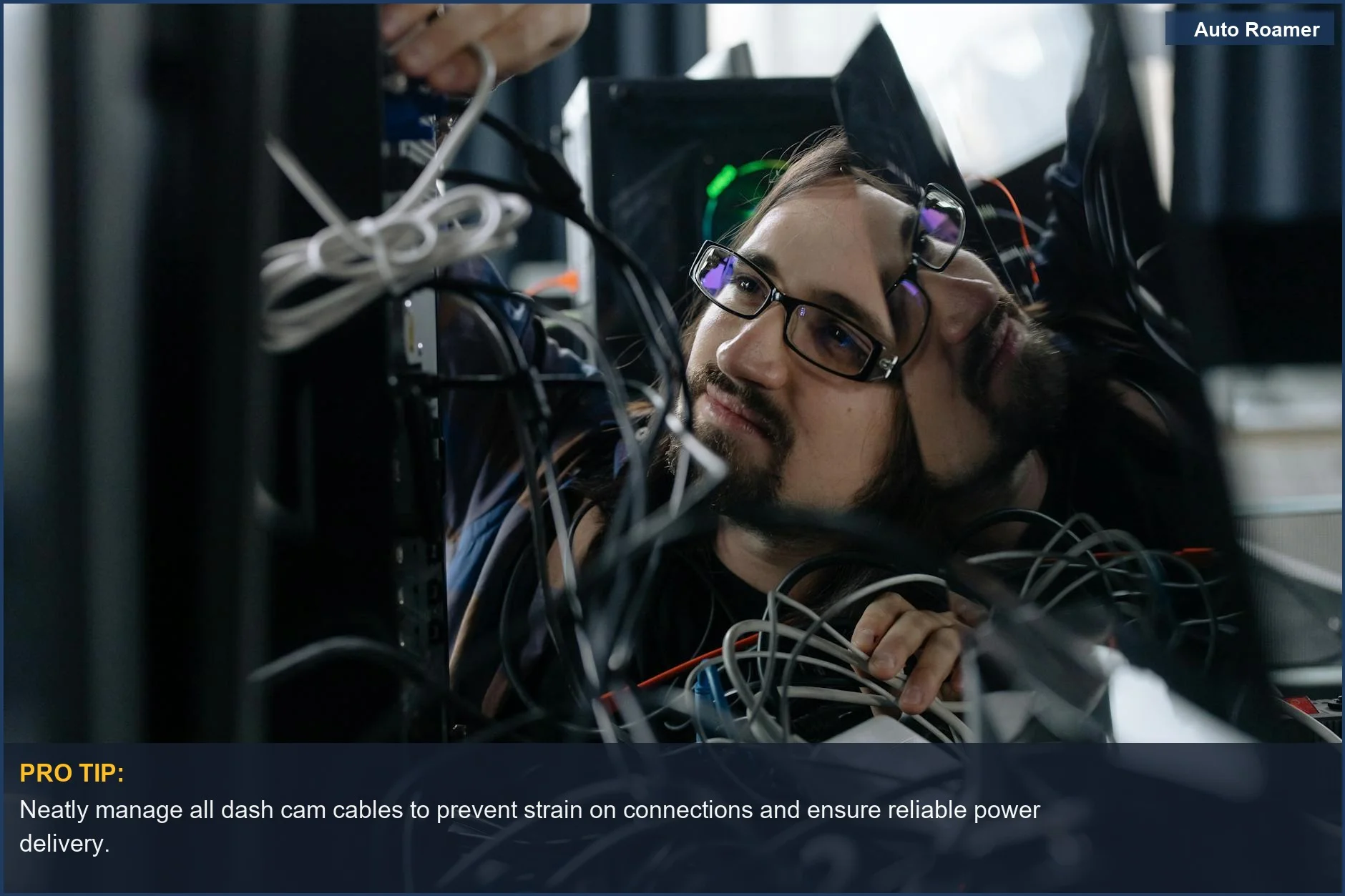 Organizing tangled cables for a dash cam setup to prevent connectivity and power problems.