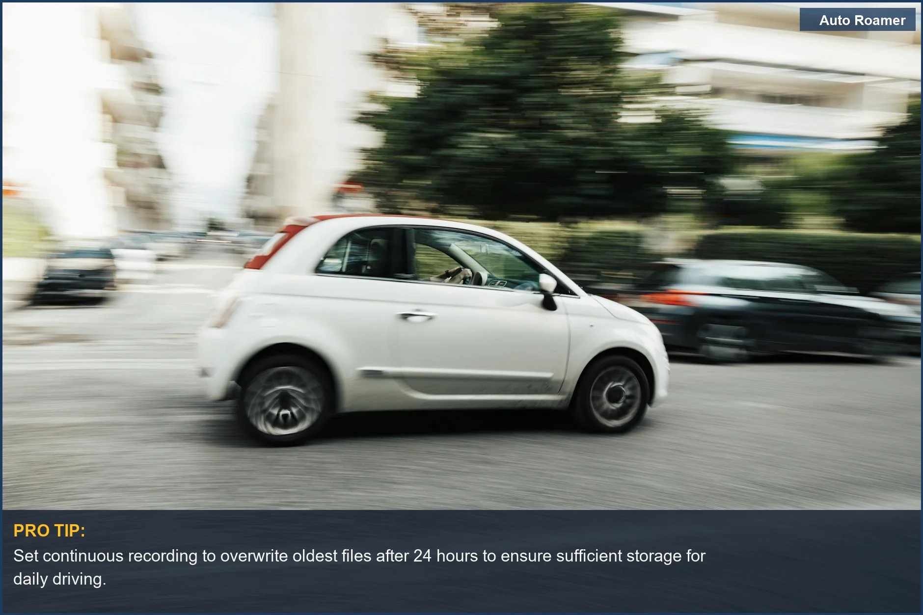 Dash cam recording captures a white car speeding through a city street with motion blur, illustrating continuous recording.