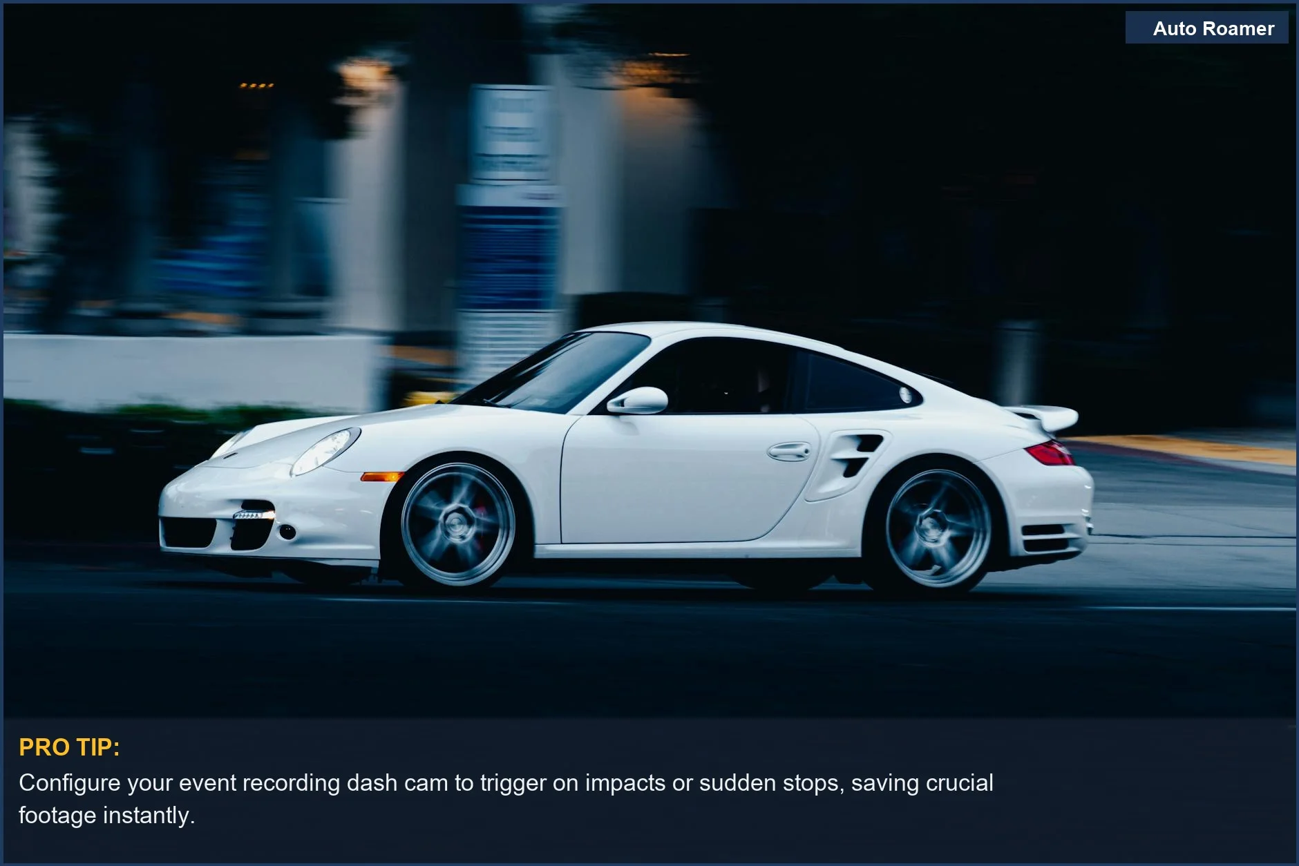 Dynamic nighttime shot of a white sports car speeding through an urban street, emphasizing event recording dash cam capabilities.