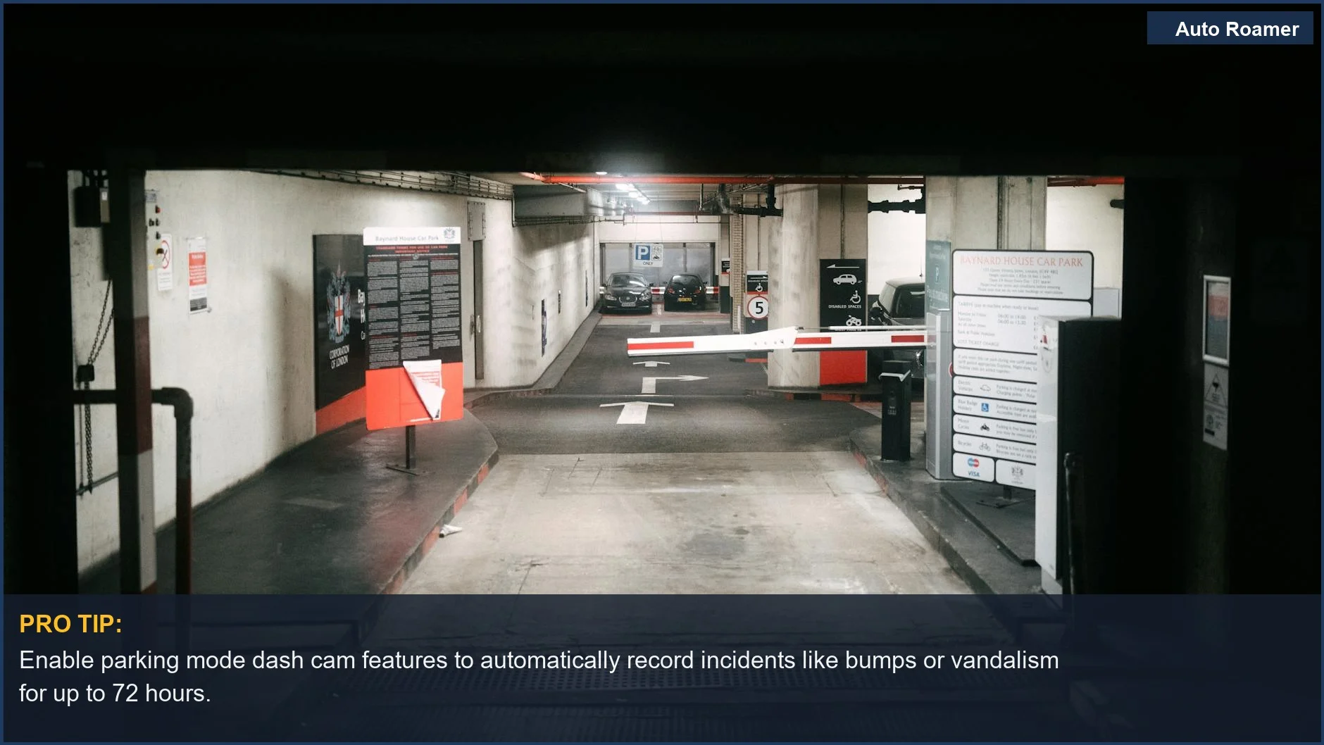 Entrance to an underground parking garage with signs and a barrier, highlighting the need for parking mode dash cam security.