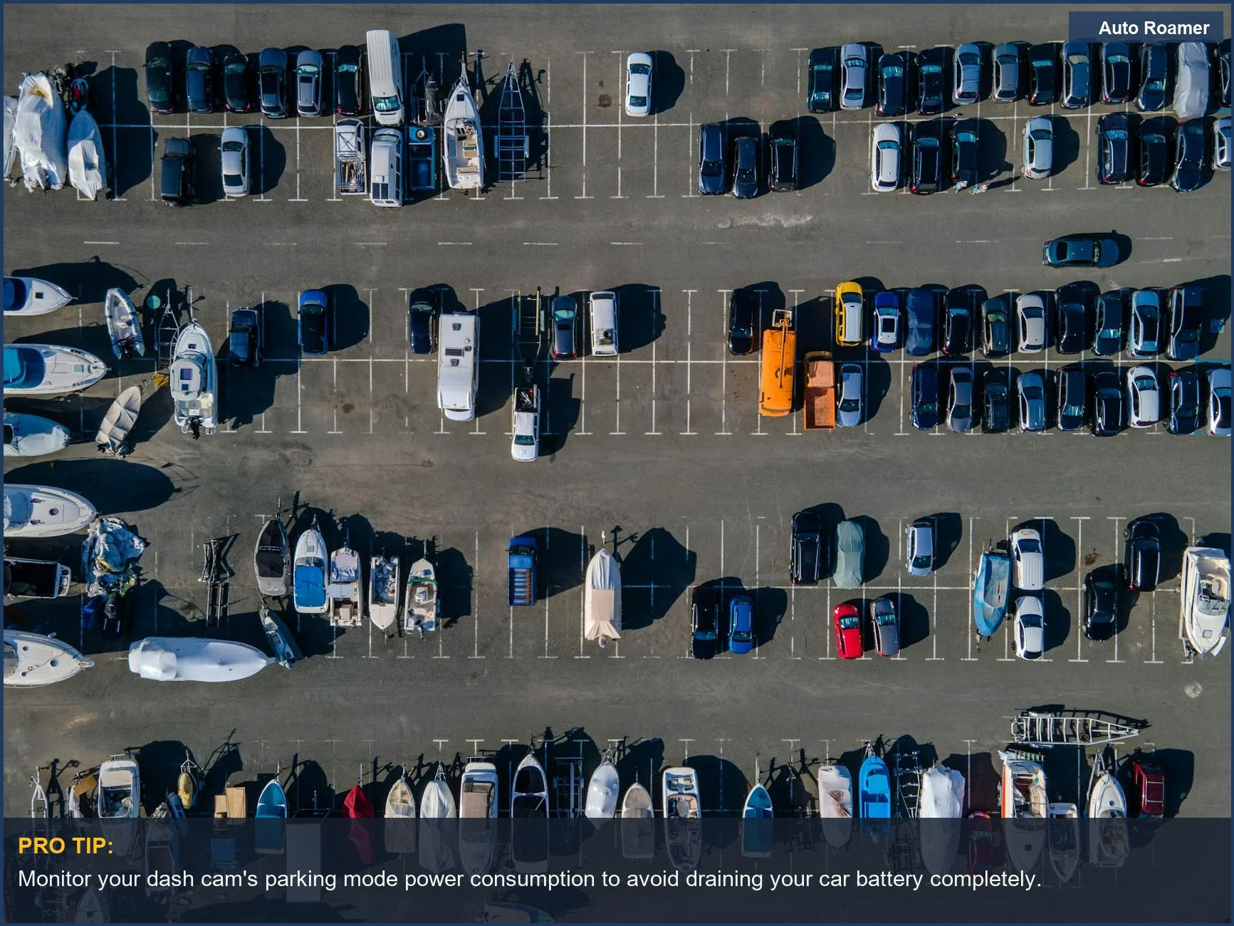 Aerial view of parked cars and boats, highlighting the need for parking mode power consumption management.