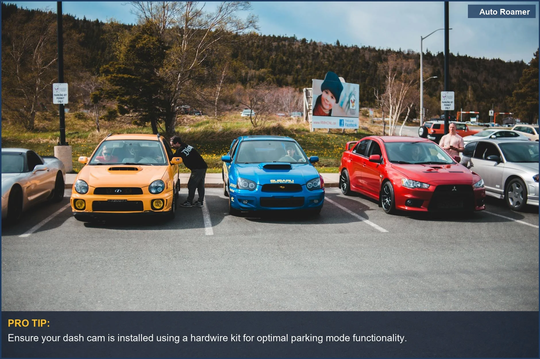 Colorful cars in an urban parking lot, showcasing dash cam installation for continuous recording.