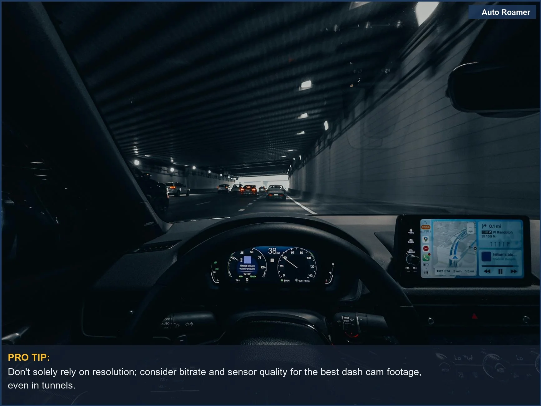 Driving through a bright city tunnel at night, emphasizing dash cam resolution for urban commutes.