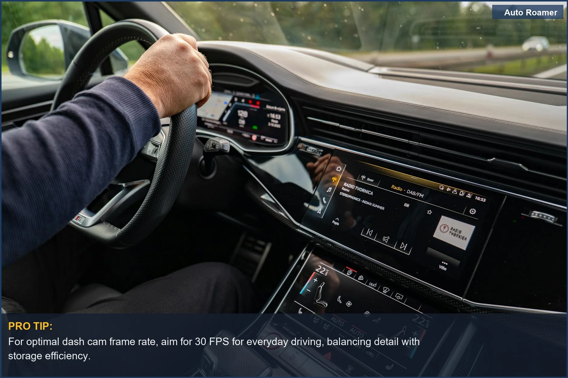 Interior view of a modern car's dashboard and entertainment system, emphasizing the impact of dash cam frame rate on footage.