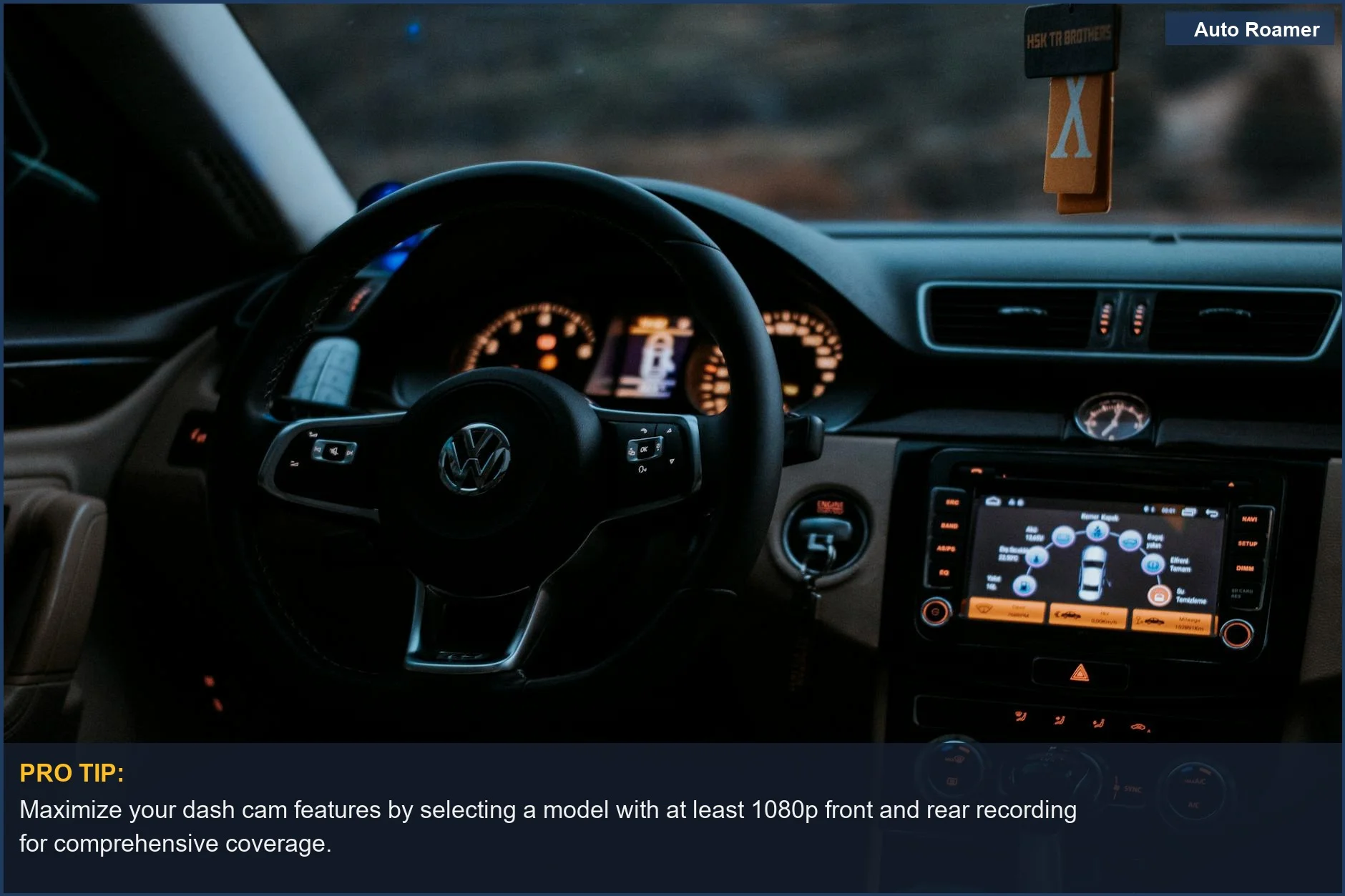 Cozy Volkswagen car interior with dashboard display and steering wheel, perfect for discussing dash cam features.