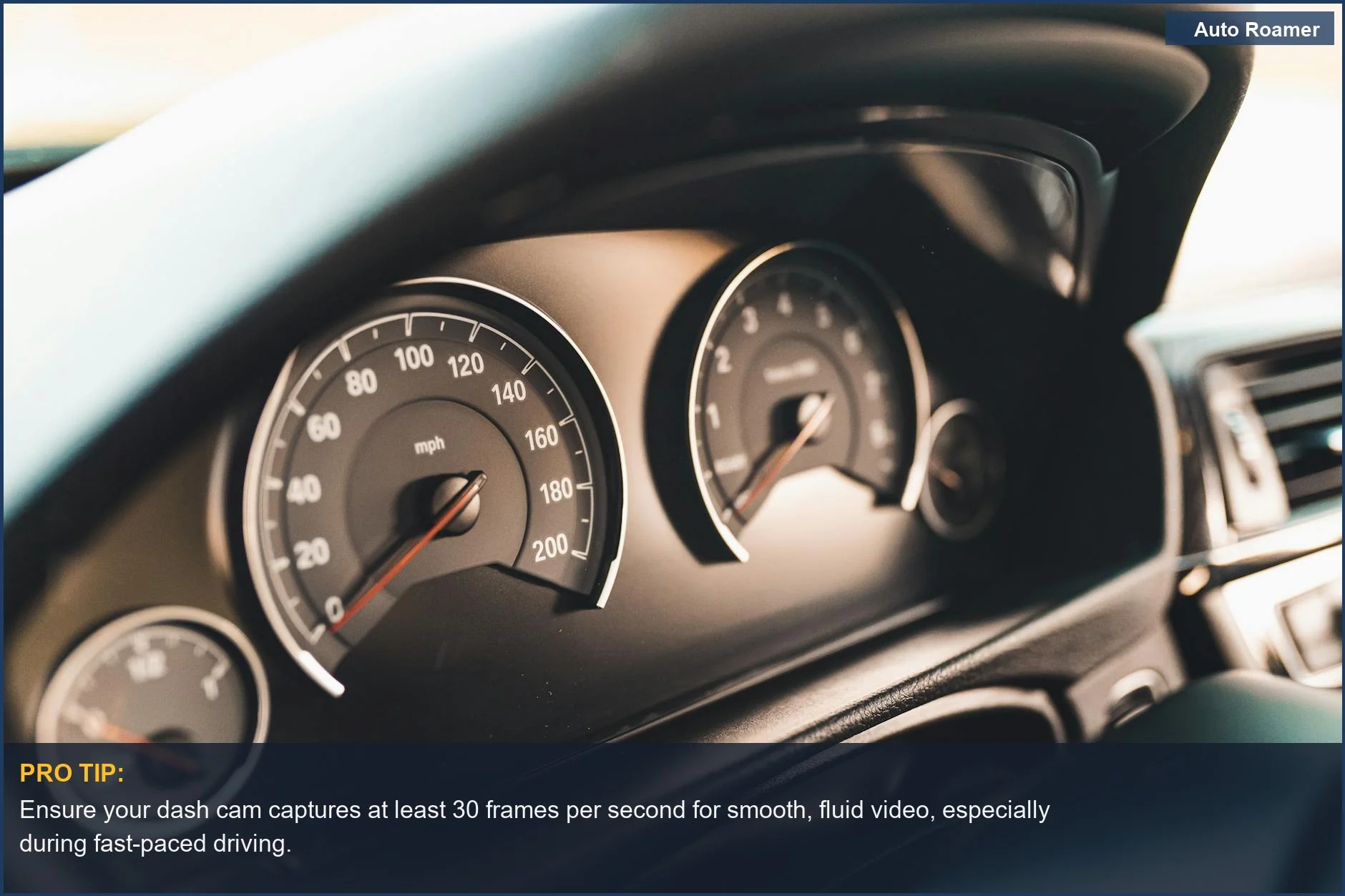 Close-up of a car's dashboard gauges, highlighting speedometer and tachometer for automotive quality.