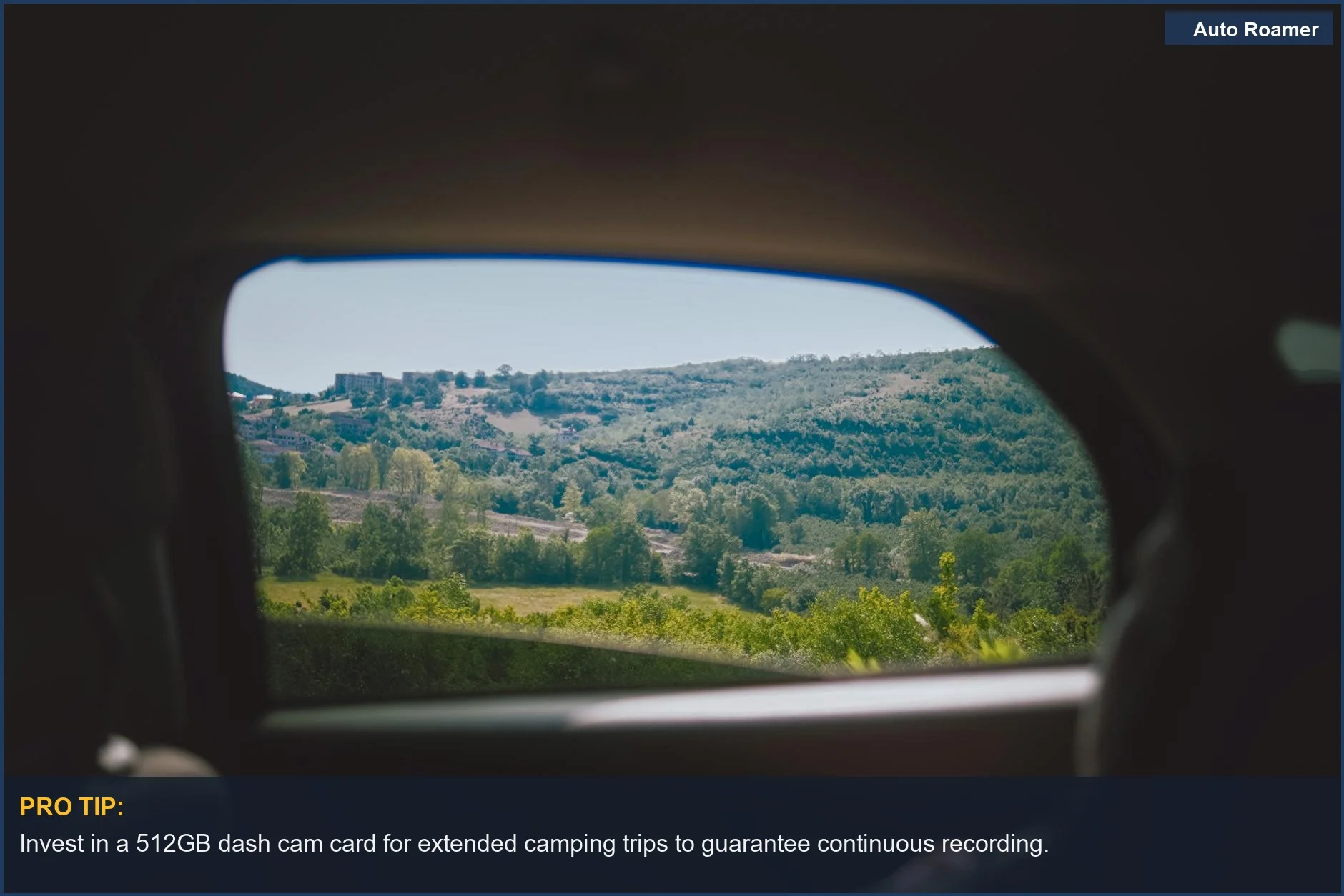 Lush green countryside seen through a car window, illustrating dash cam storage requirements.