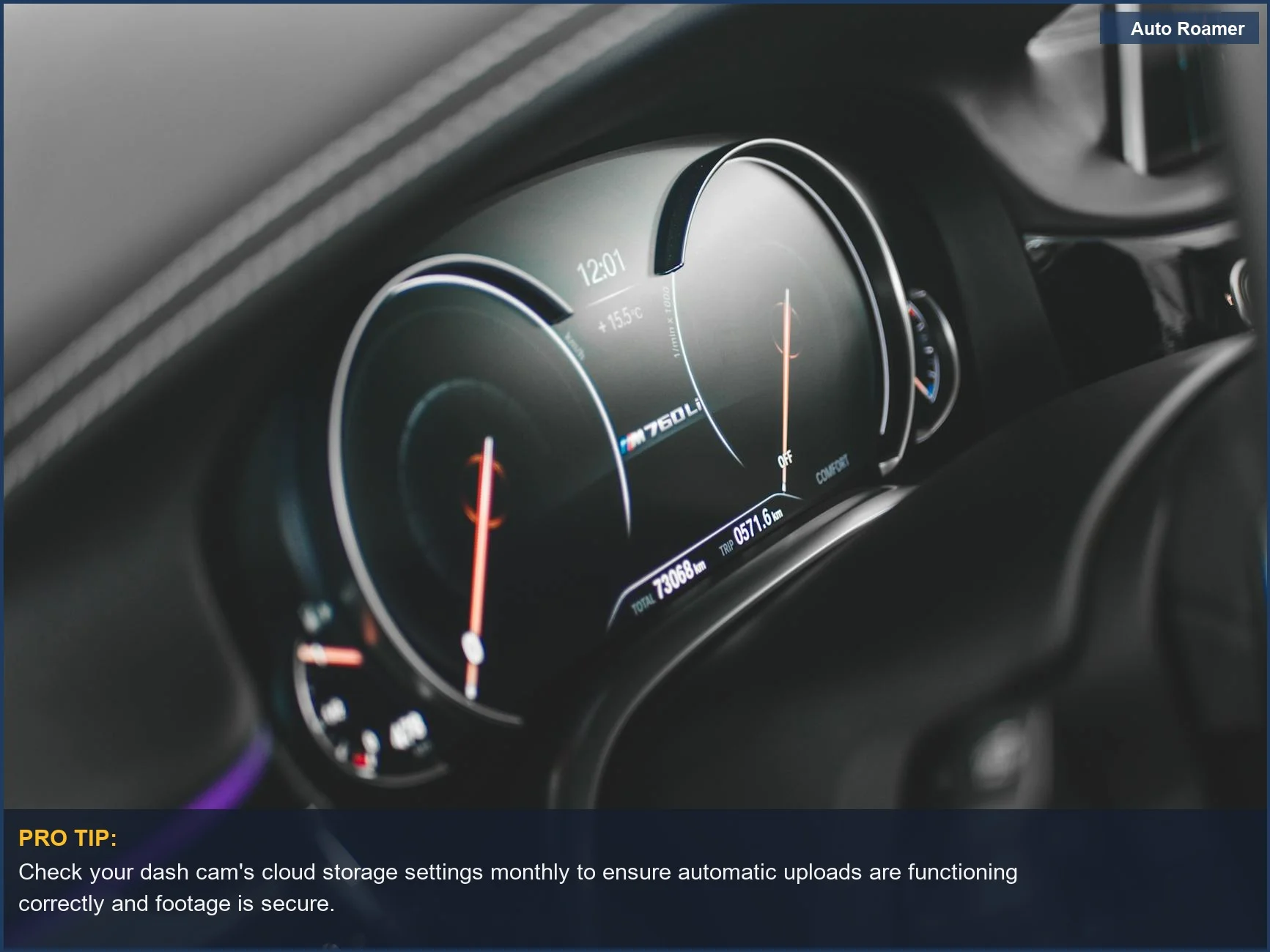 Sleek digital car dashboard speedometer and tachometer, emphasizing why reliable dash cam storage is essential.