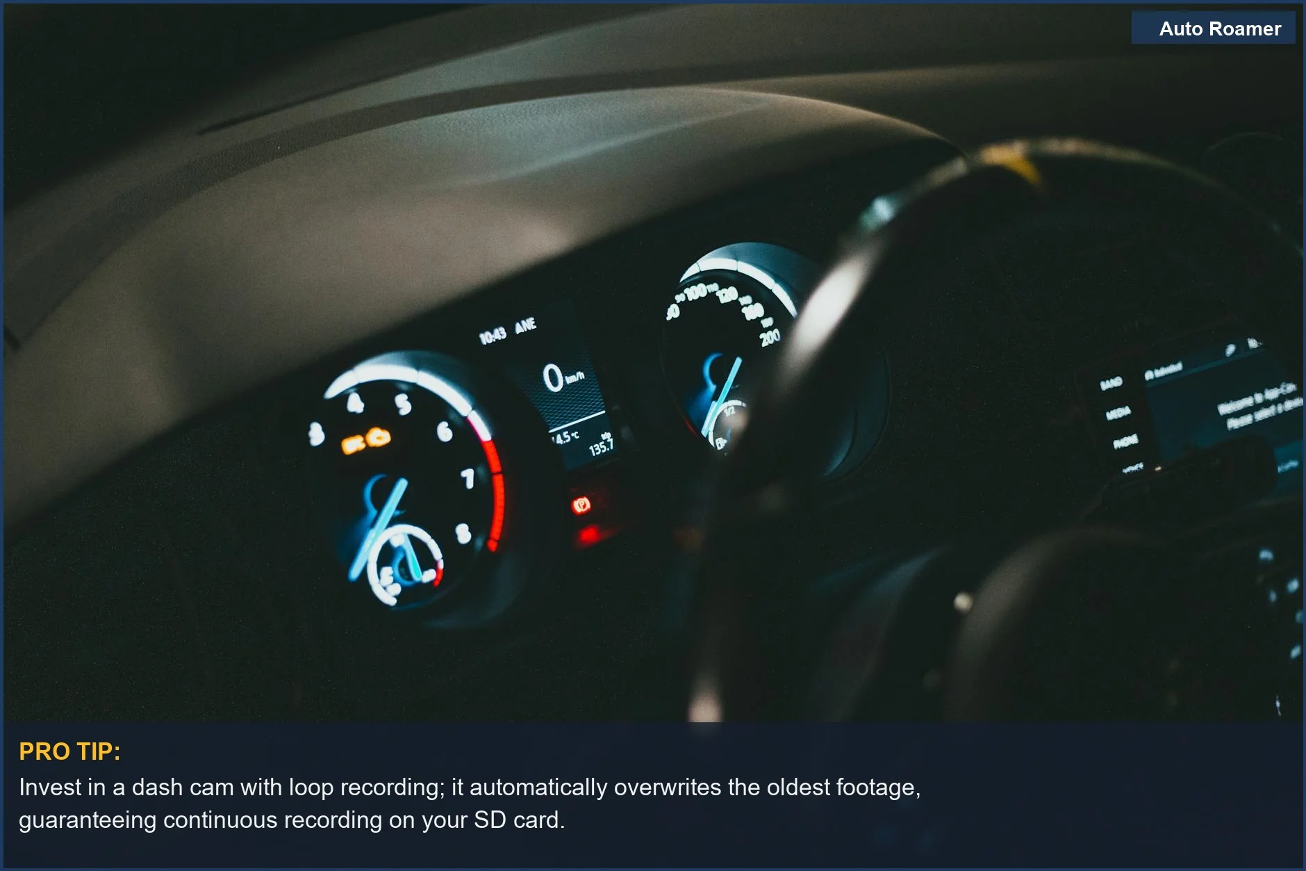 Detailed view of an illuminated car dashboard with visible speedometer and odometer, crucial for dash cam storage decisions.