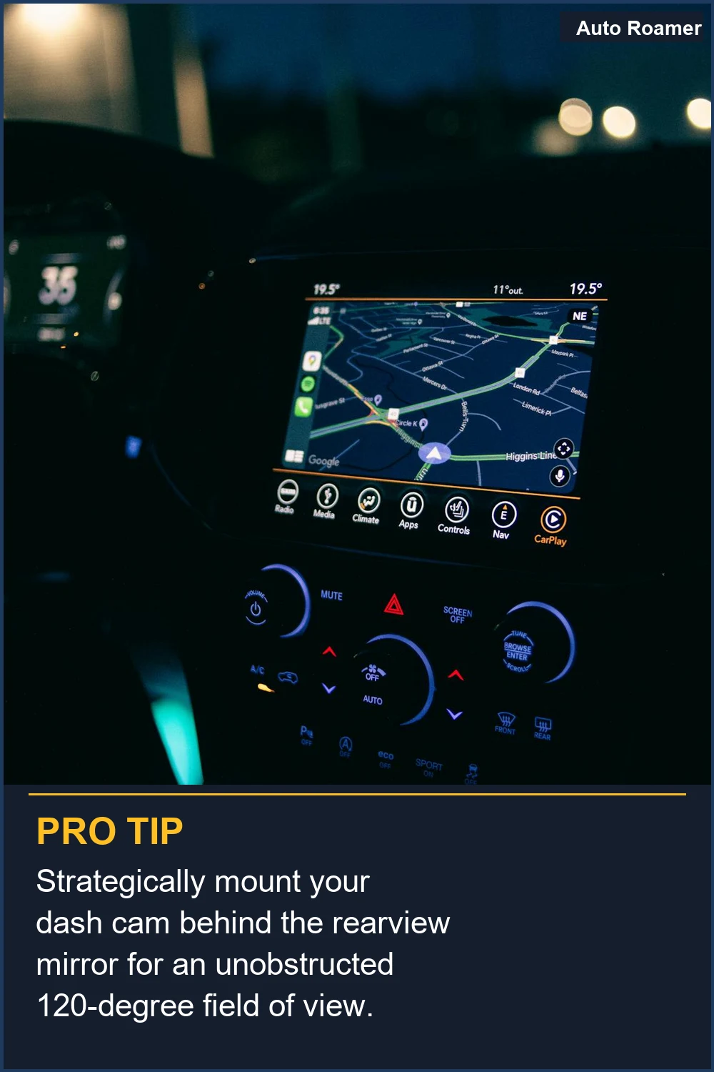 Strategically mount your dash cam behind the rearview mirror for an unobstructed 120-degree field of view.