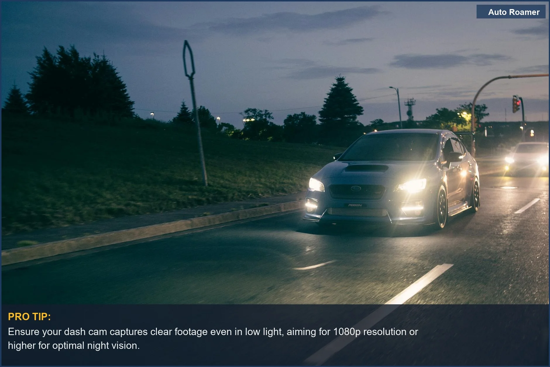 Dusk city street scene with a Subaru WRX, highlighting the need for a dash cam with excellent night vision for safe driving.