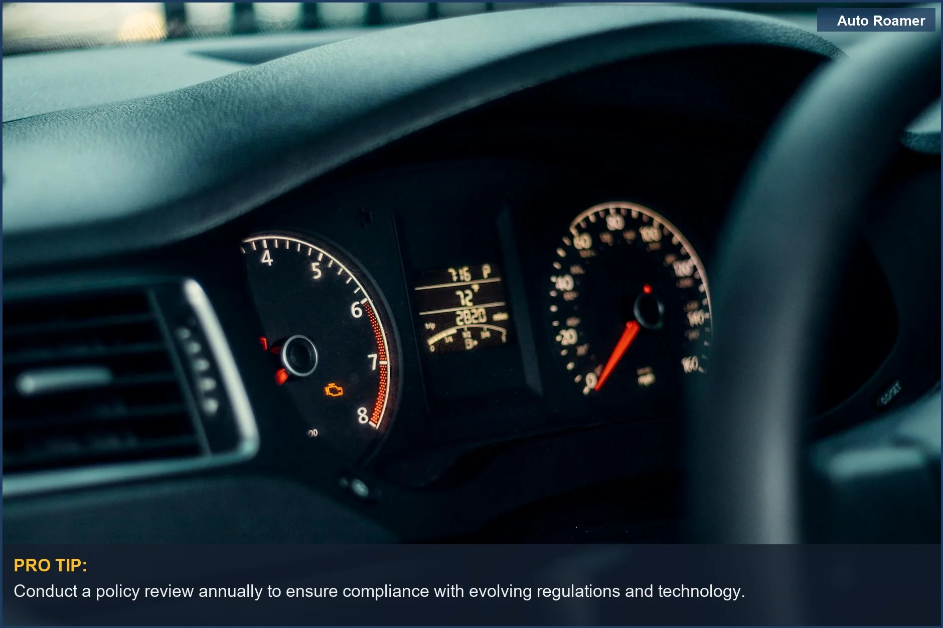 Close-up of illuminated car dashboard gauges and speedometer, vital for a dash cam usage policy.