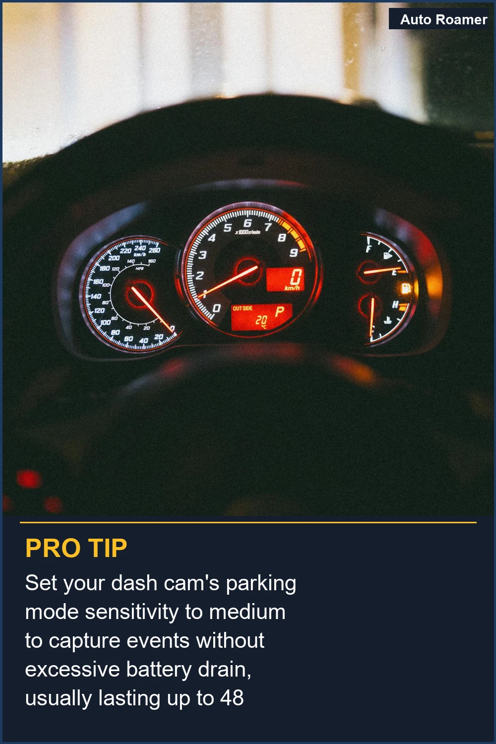 Set your dash cam's parking mode sensitivity to medium to capture events without excessive battery drain, usually lasting up to 48 hours.