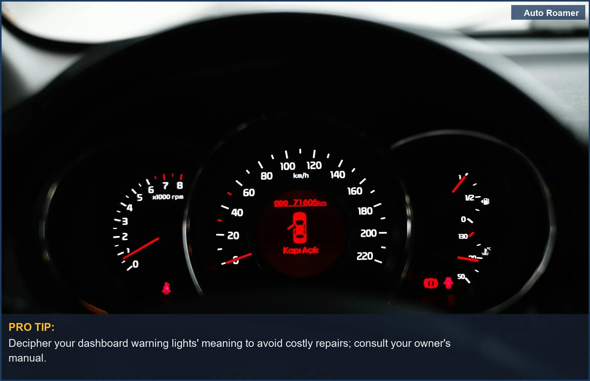 Car dashboard with various dials and gauges, highlighting a visible warning light.