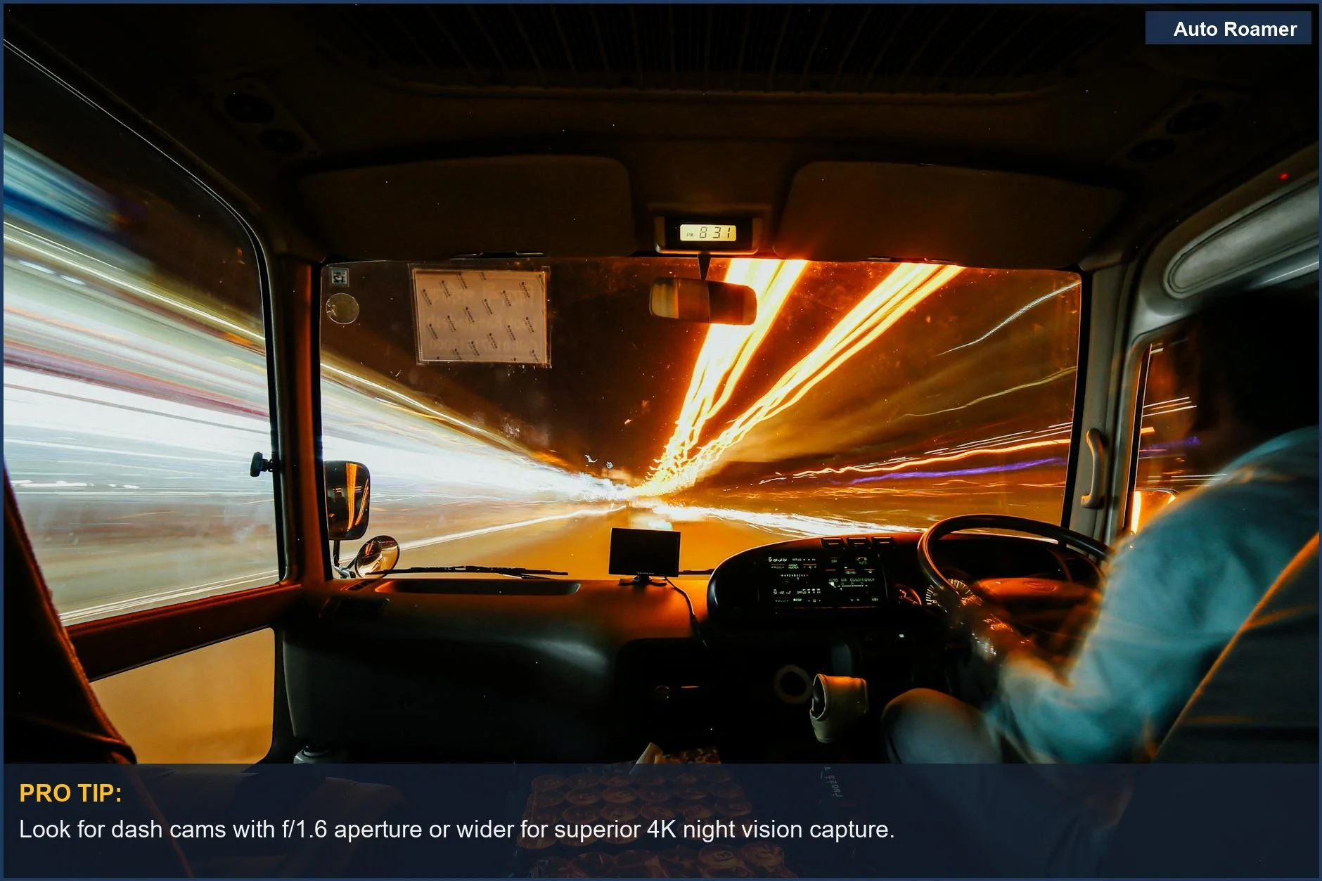 Nighttime city drive from car interior, demonstrating 4K dash cam night vision effectiveness.
