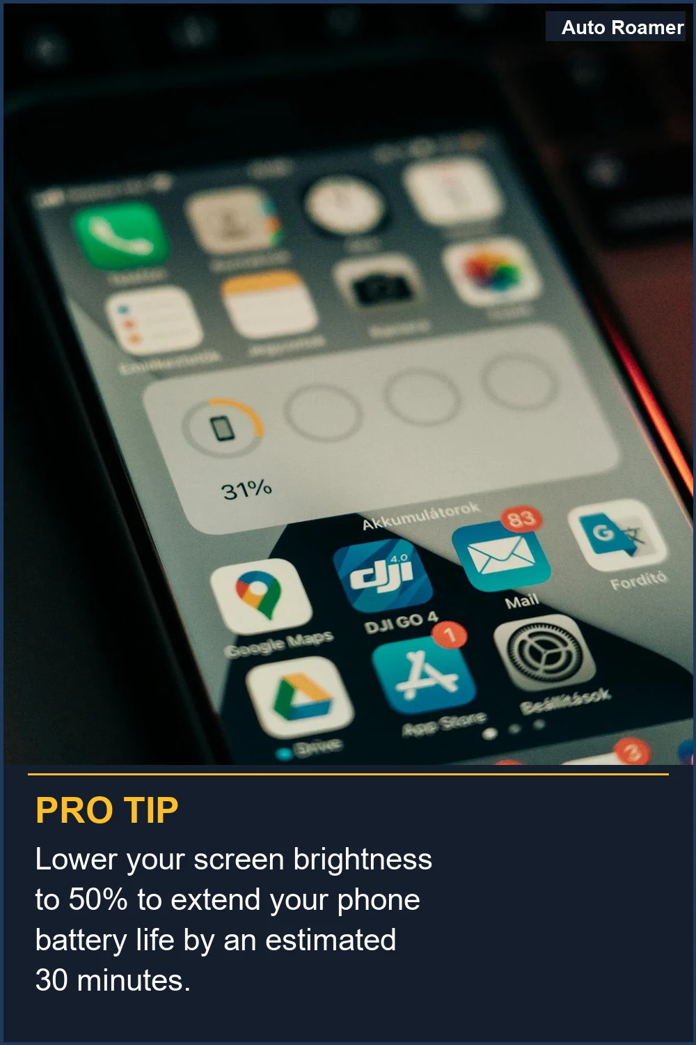 Reduce el brillo de tu pantalla al 50% para extender la duración de la batería de tu teléfono en aproximadamente 30 minutos.