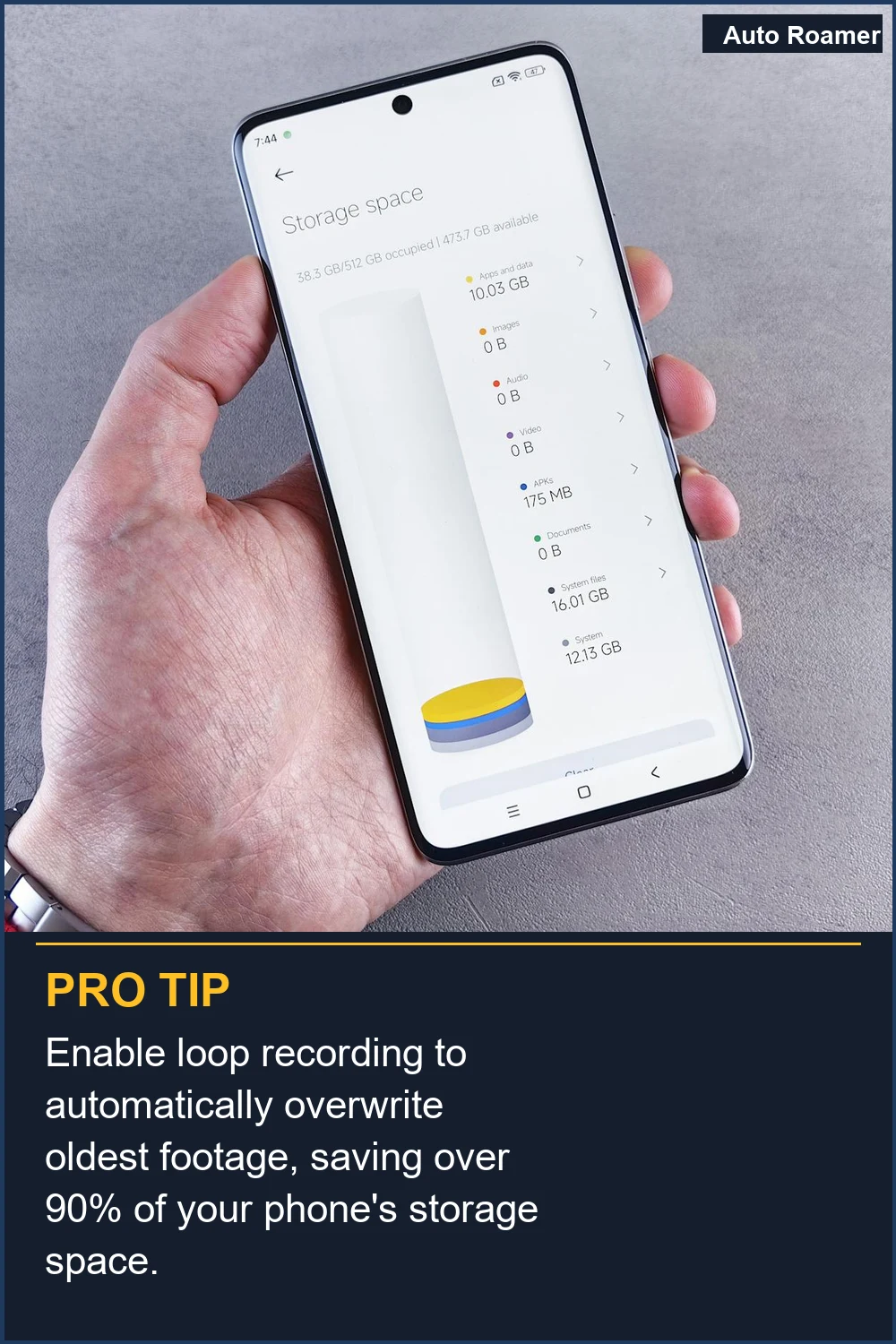 Enable loop recording to automatically overwrite oldest footage, saving over 90% of your phone's storage space.