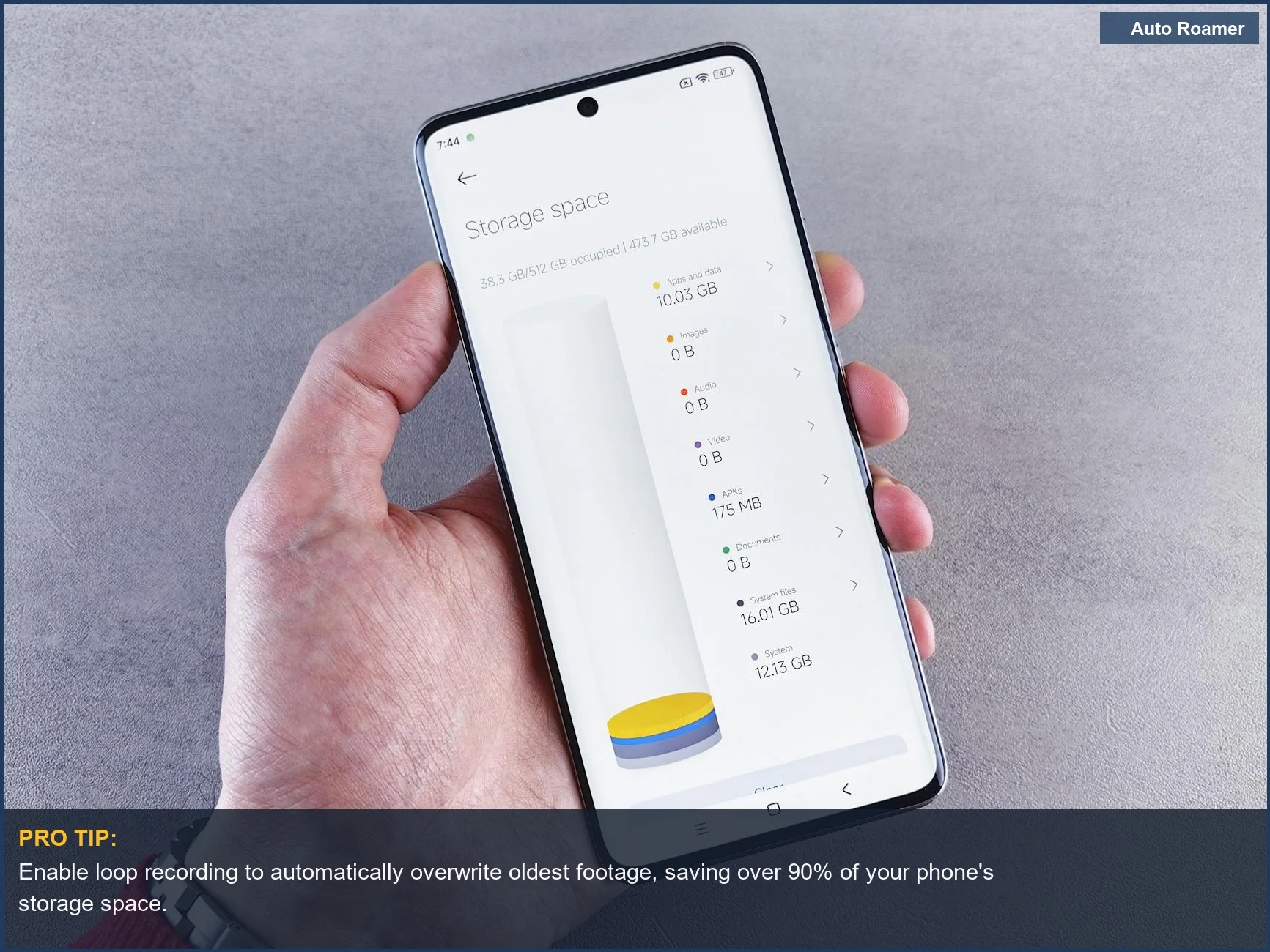 Smartphone displaying phone storage usage, highlighting the importance of dashcam app storage management.