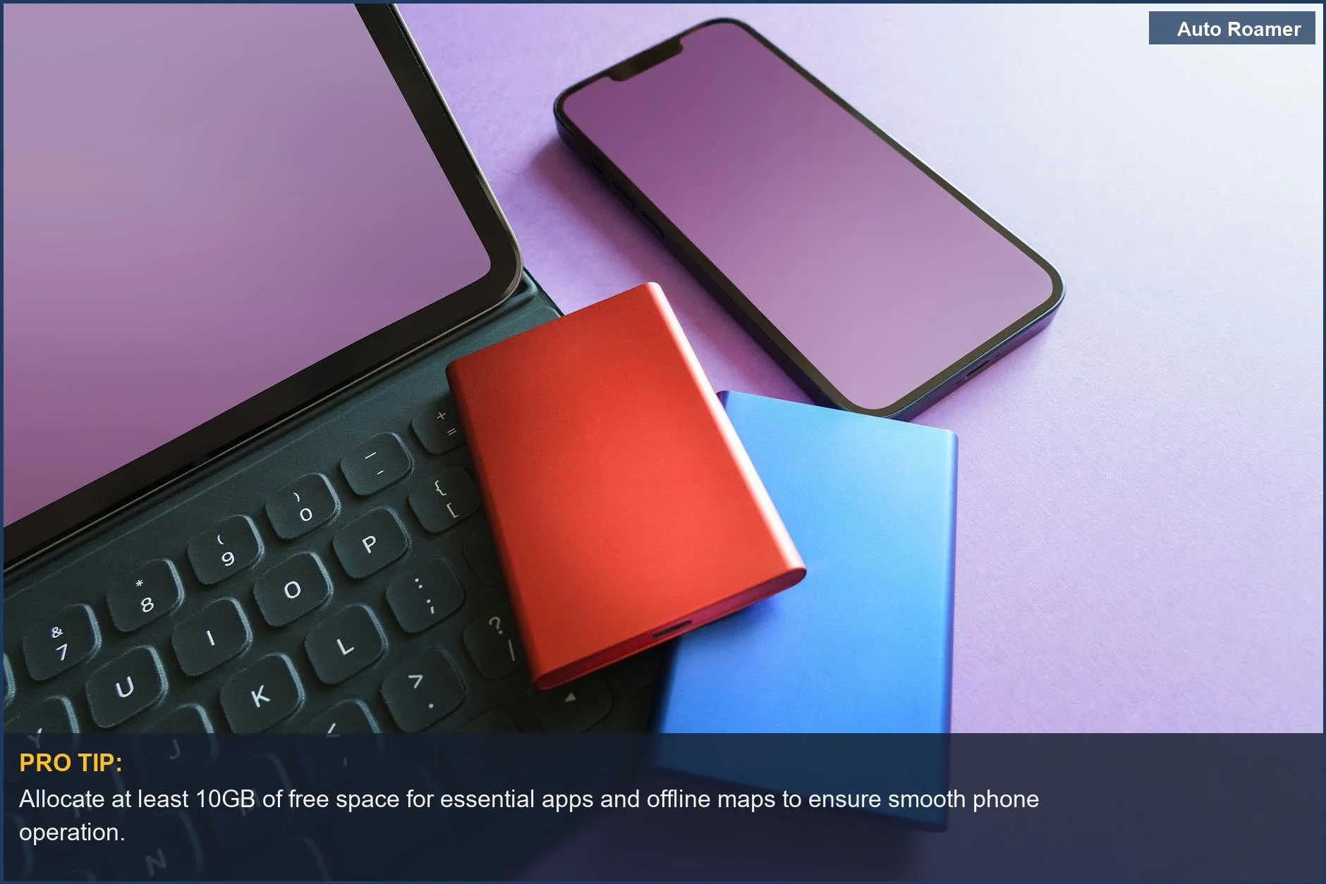 Various tech gadgets including a smartphone and SSD, emphasizing the need for balanced phone storage.