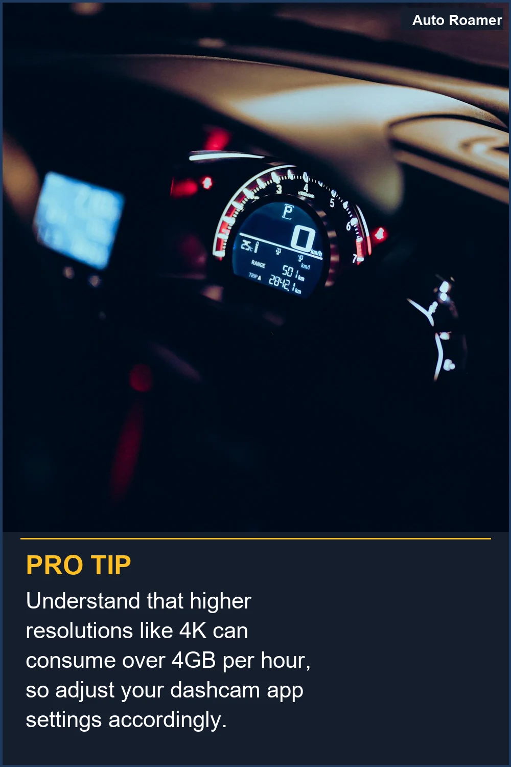 Understand that higher resolutions like 4K can consume over 4GB per hour, so adjust your dashcam app settings accordingly.