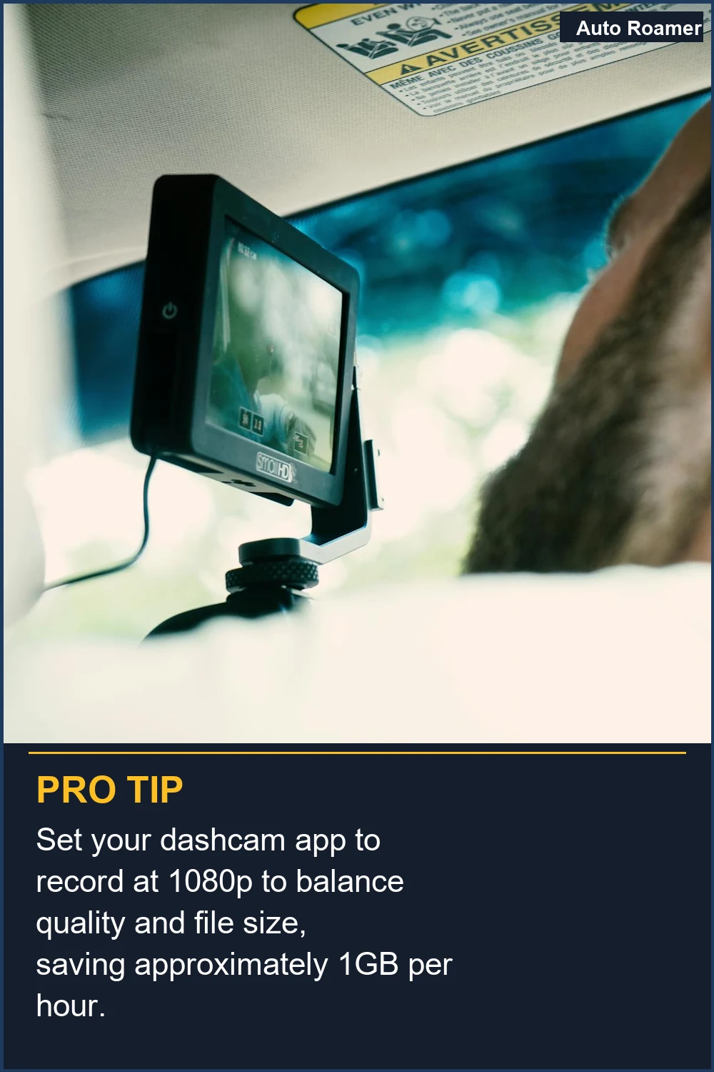 Set your dashcam app to record at 1080p to balance quality and file size, saving approximately 1GB per hour.