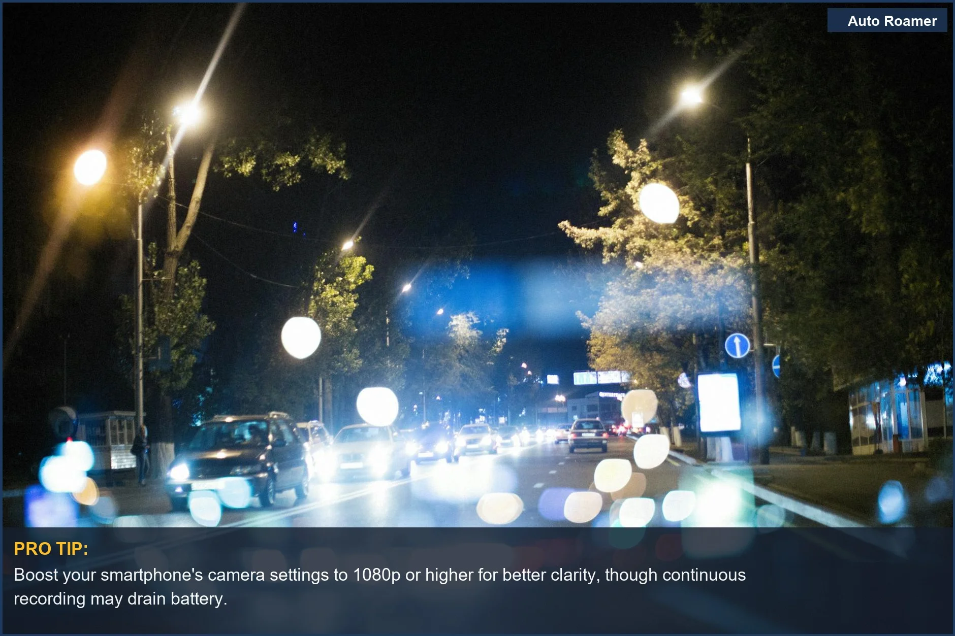 Blurred street lights at night, illustrating poor smartphone dashcam recording quality for evidence.