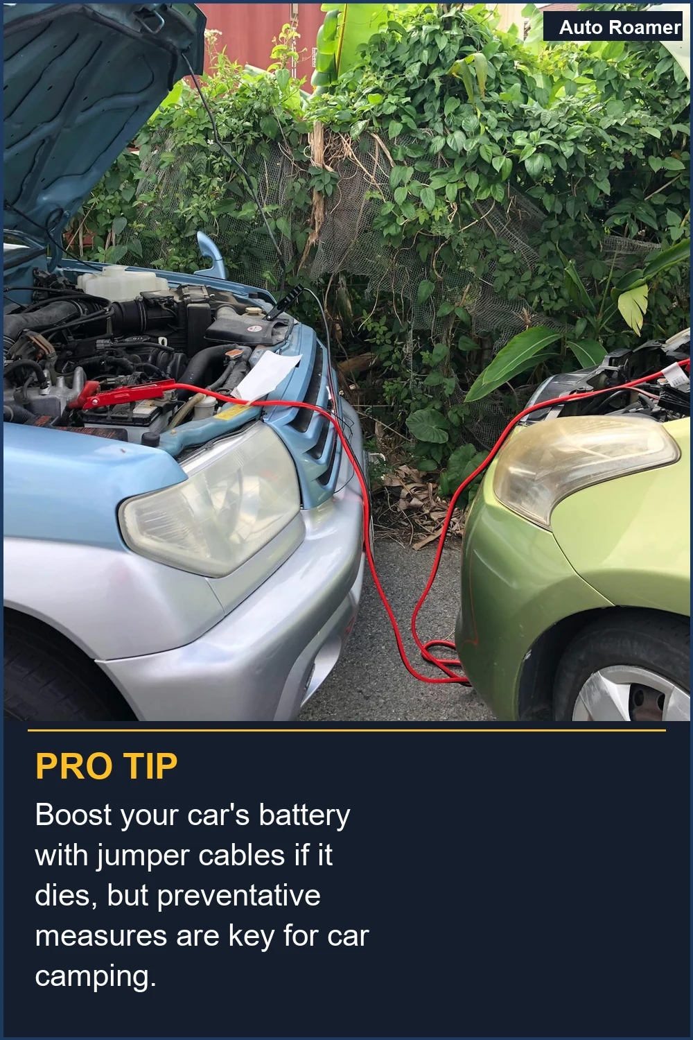 Boost your car's battery with jumper cables if it dies, but preventative measures are key for car camping.