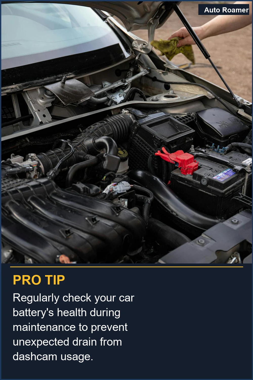 Regularly check your car battery's health during maintenance to prevent unexpected drain from dashcam usage.