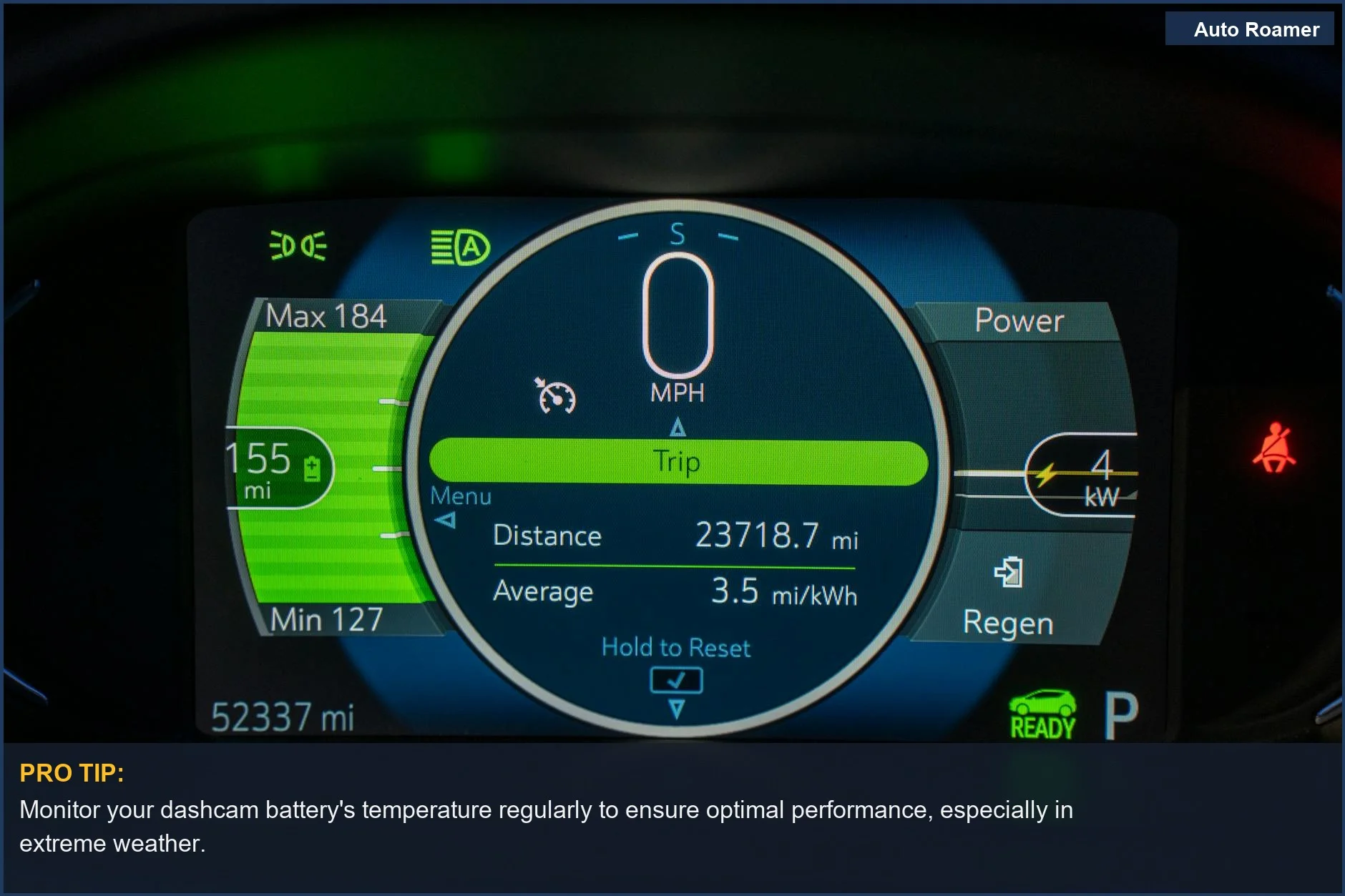Electric vehicle dashboard displaying battery range, showcasing advanced power management relevant to dashcam battery choices.