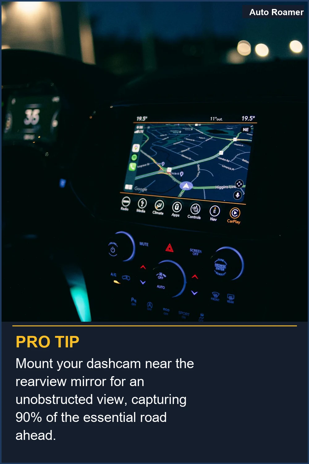 Mount your dashcam near the rearview mirror for an unobstructed view, capturing 90% of the essential road ahead.