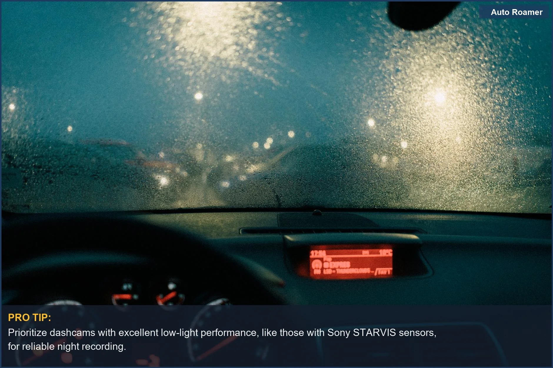 Rainy night drive with blurred lights, ideal for testing dashcam low-light performance in your buying guide.