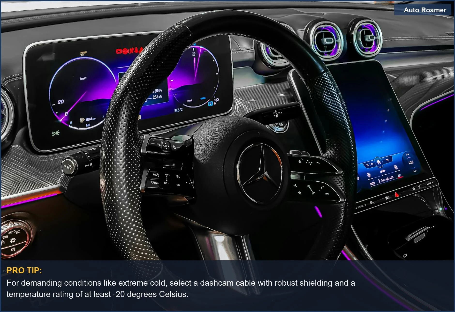 High-tech car interior with a sleek steering wheel and illuminated digital dashboard, detailing dashcam cable solutions.