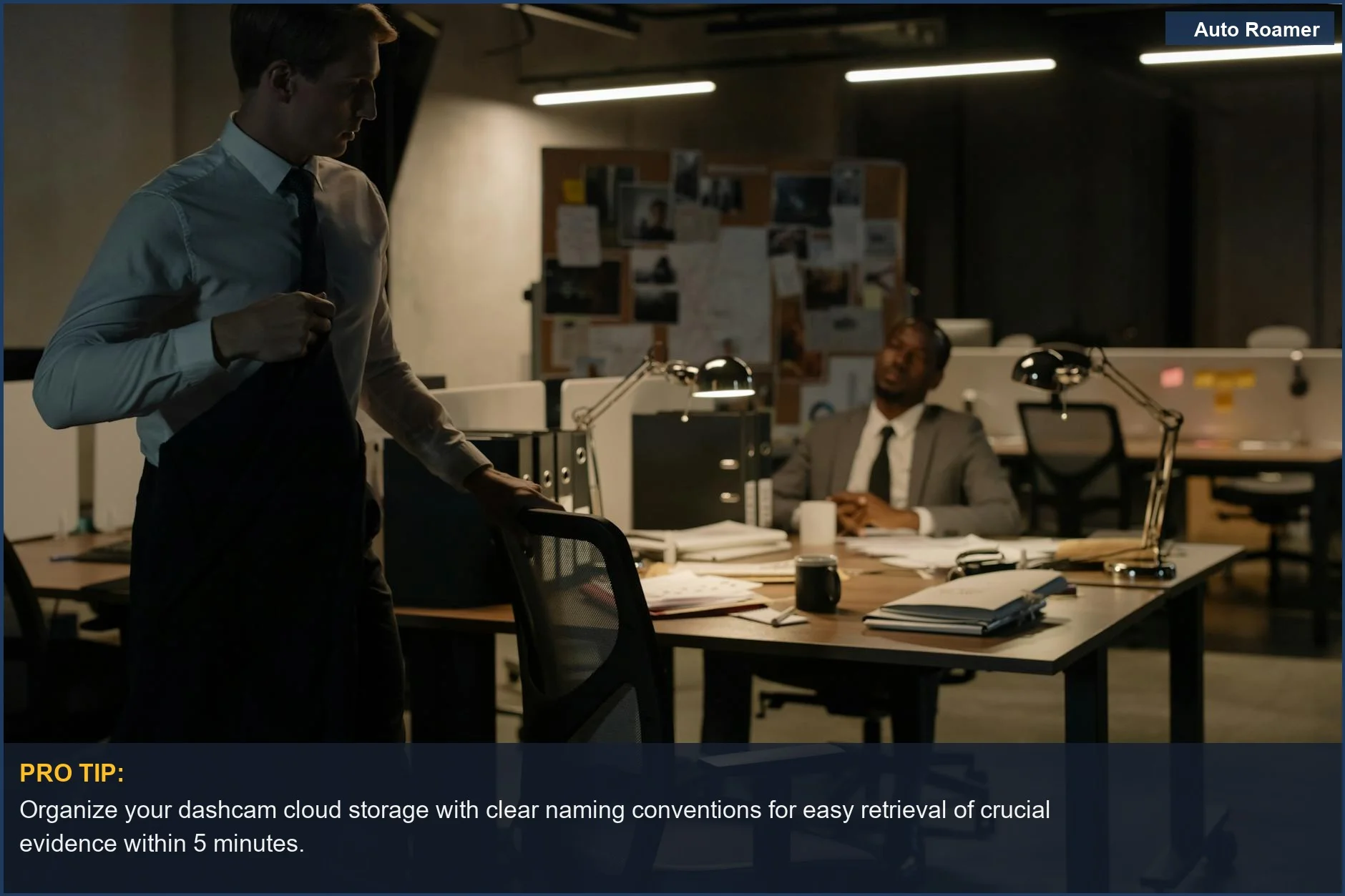 Detectives analyzing evidence showcases the importance of secure dashcam cloud storage for investigations.