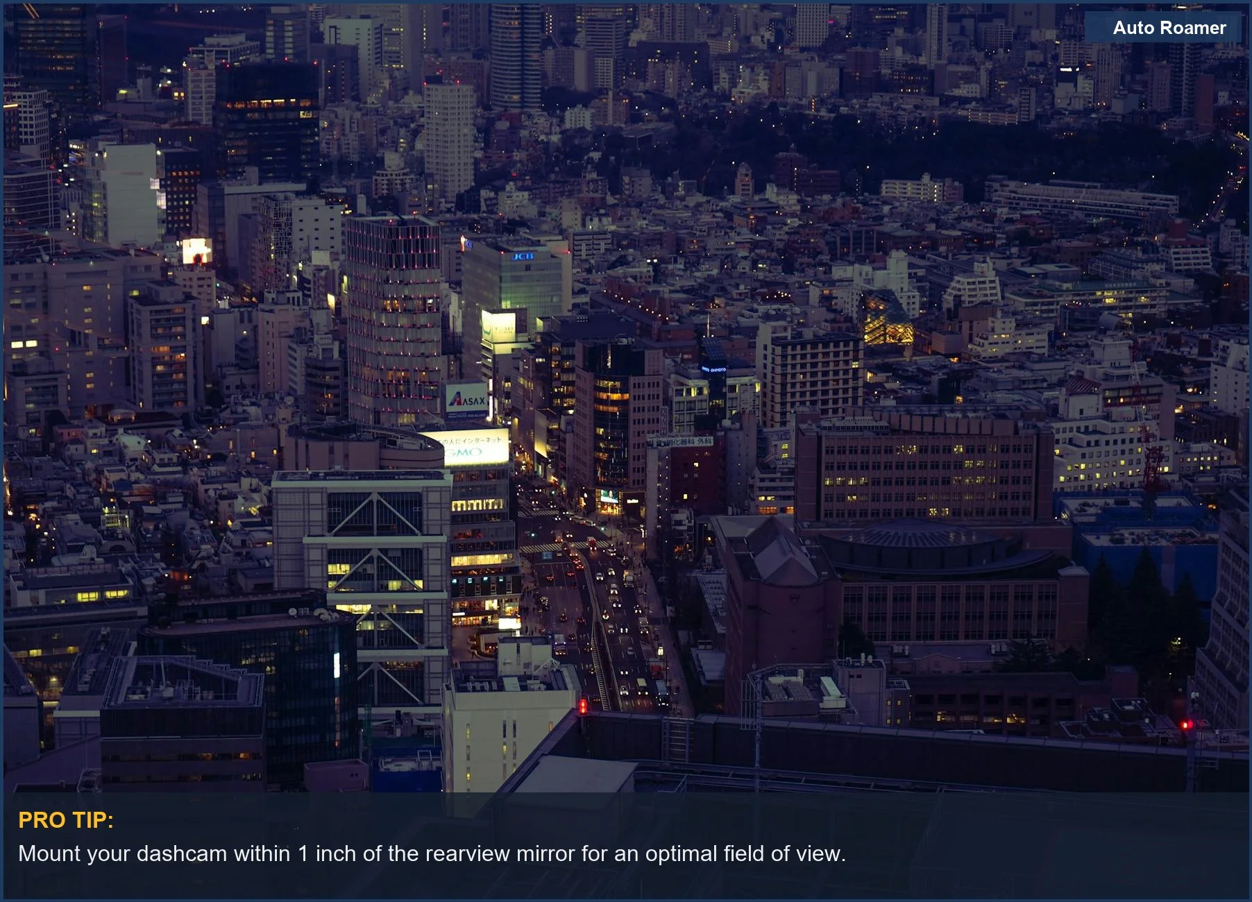 Aerial view of Shibuya City at night, relevant for dashcam mounting location in comparison charts.