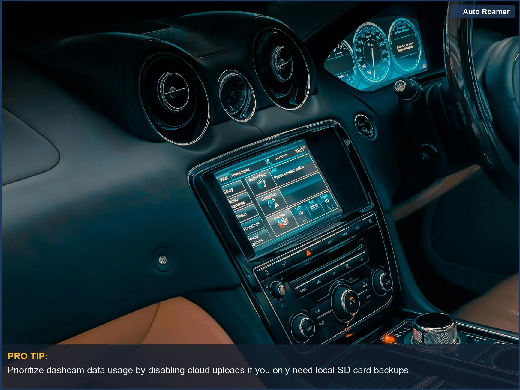 Close-up of a luxury RV interior dashboard with touchscreen, emphasizing dashcam connectivity options.
