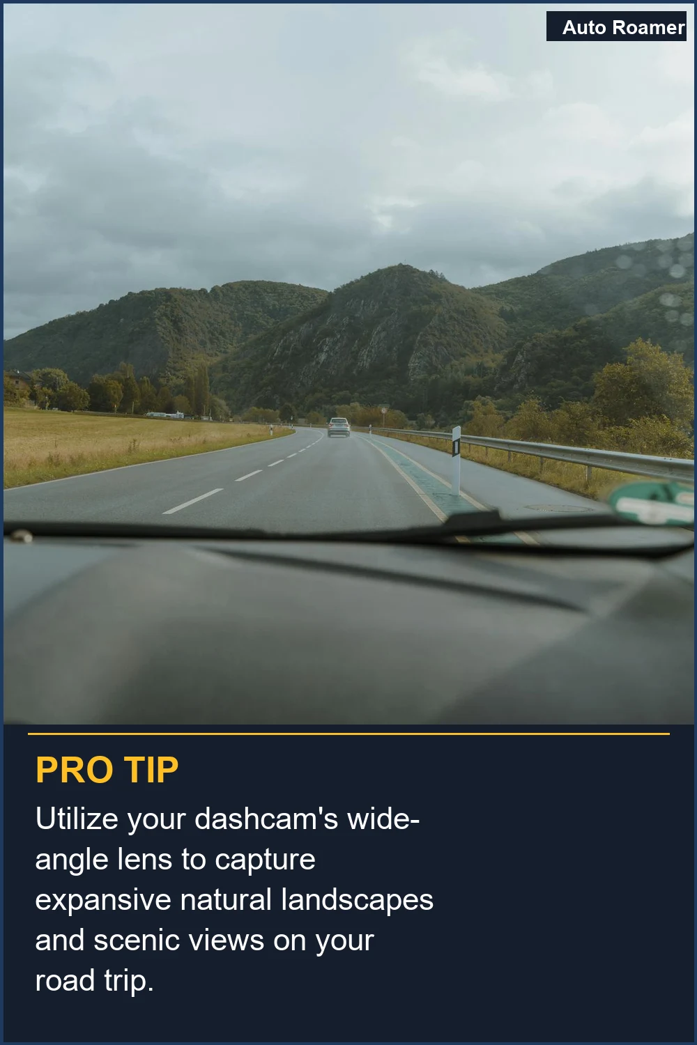 Utiliza la lente gran angular de tu cámara de salpicadero para capturar paisajes naturales expansivos y vistas escénicas en tu viaje por carretera.