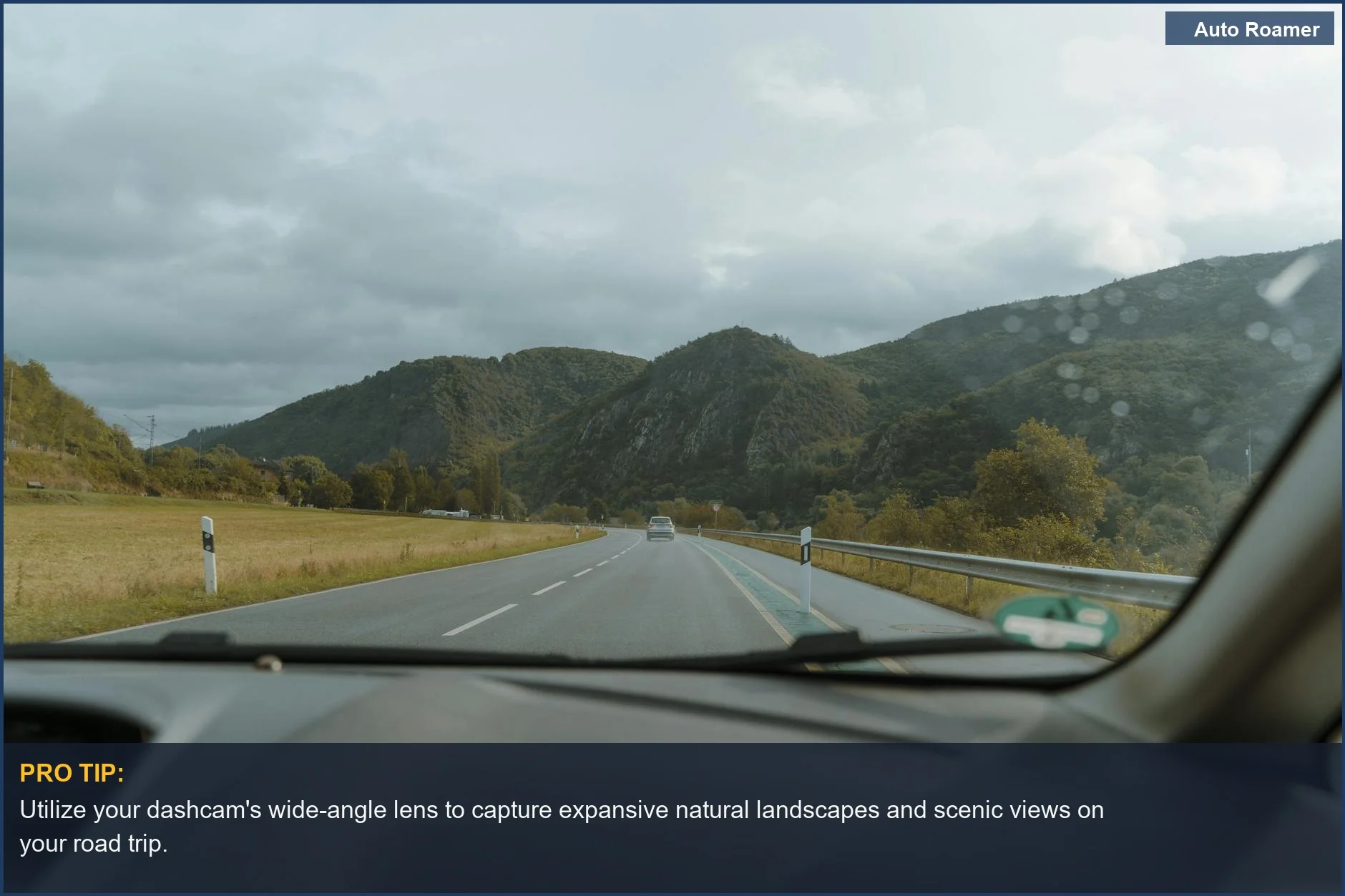Conducción serena por carreteras de montaña, perfecta para un documental de naturaleza móvil con funciones esenciales de cámara de salpicadero.