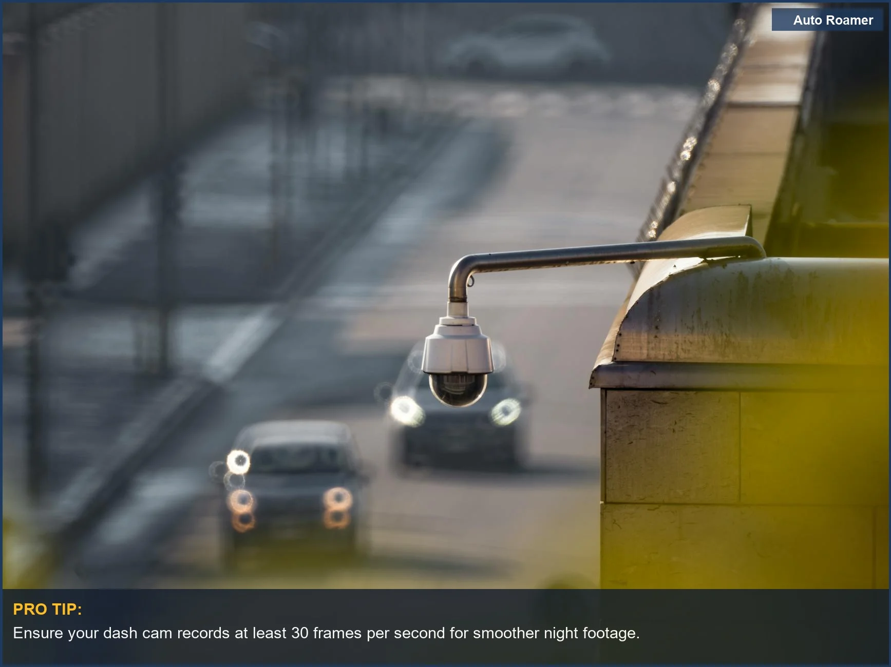 Urban surveillance with a night vision dashcam overlooking a busy street at night.