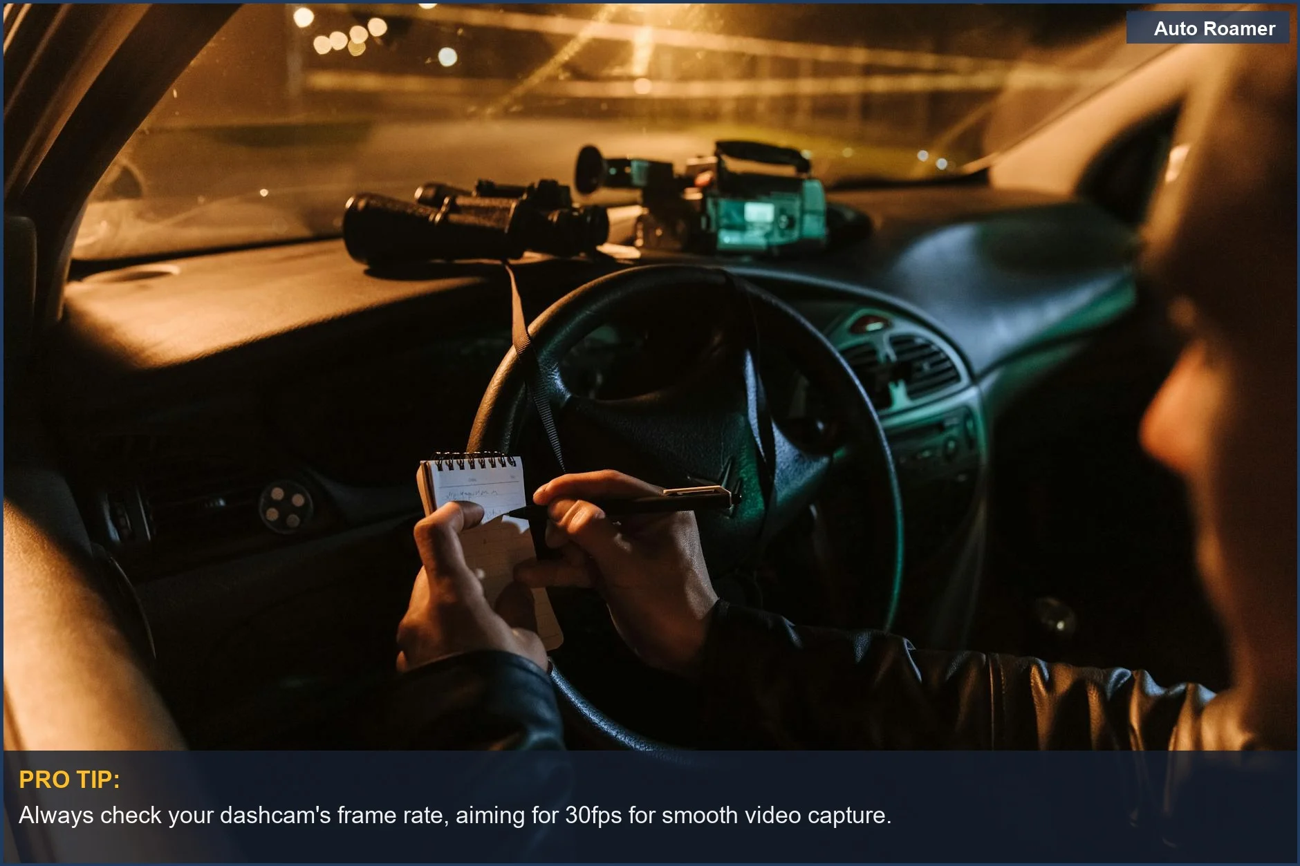 Nighttime car scene with notes and dashcam, showing the importance of dashcam resolution.