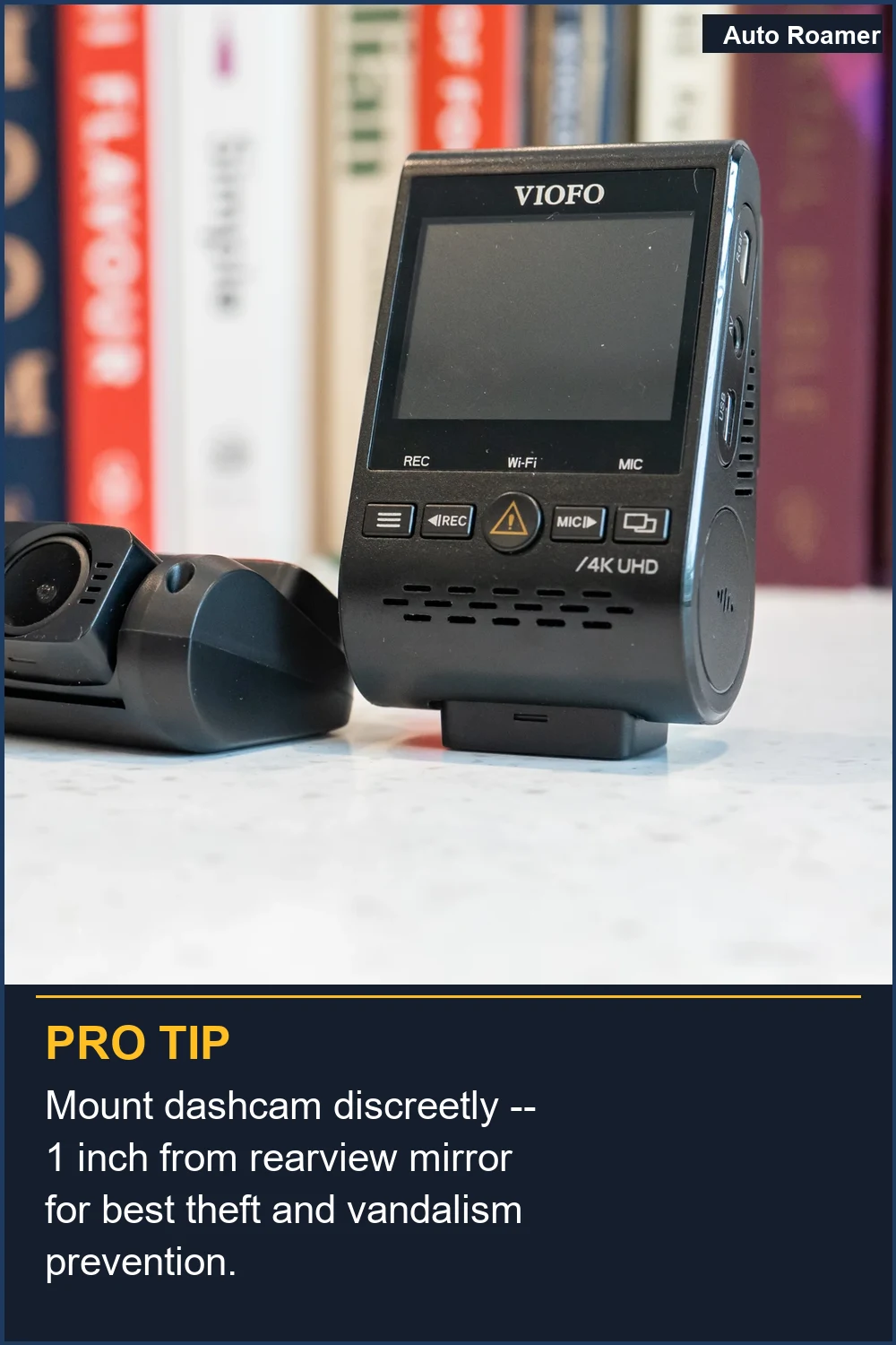 Mount dashcam discreetly -- 1 inch from rearview mirror for best theft and vandalism prevention.