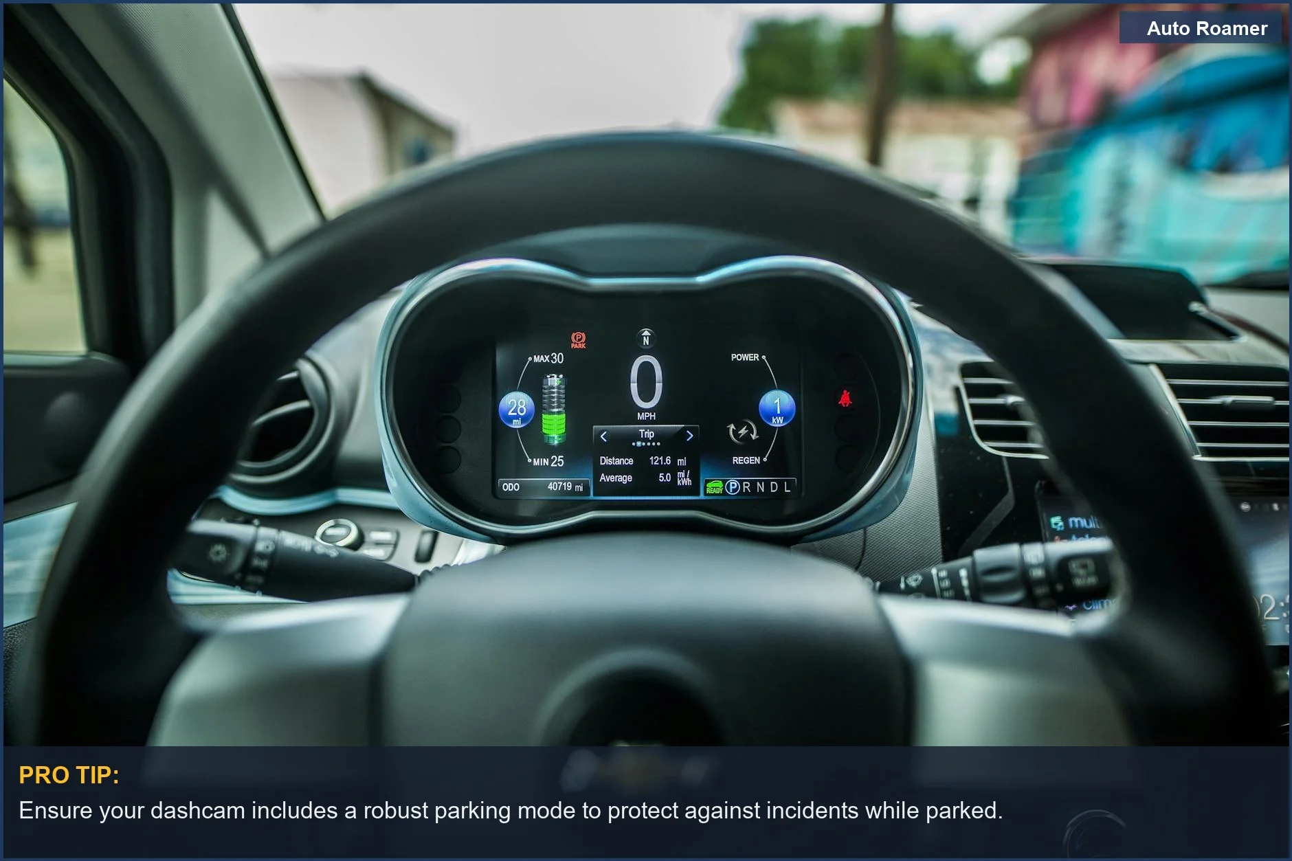 Car dashboard with digital display and steering wheel, demonstrating the need for reliable parking mode dashcam functionality.
